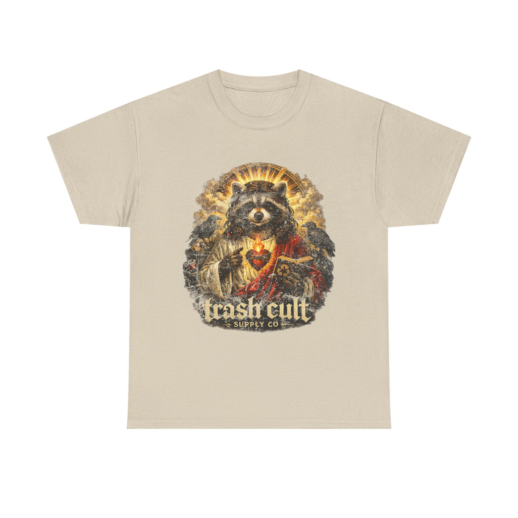 Raccoon Saint Graphic Tee — “Trash Cult” Vintage Devotional Design