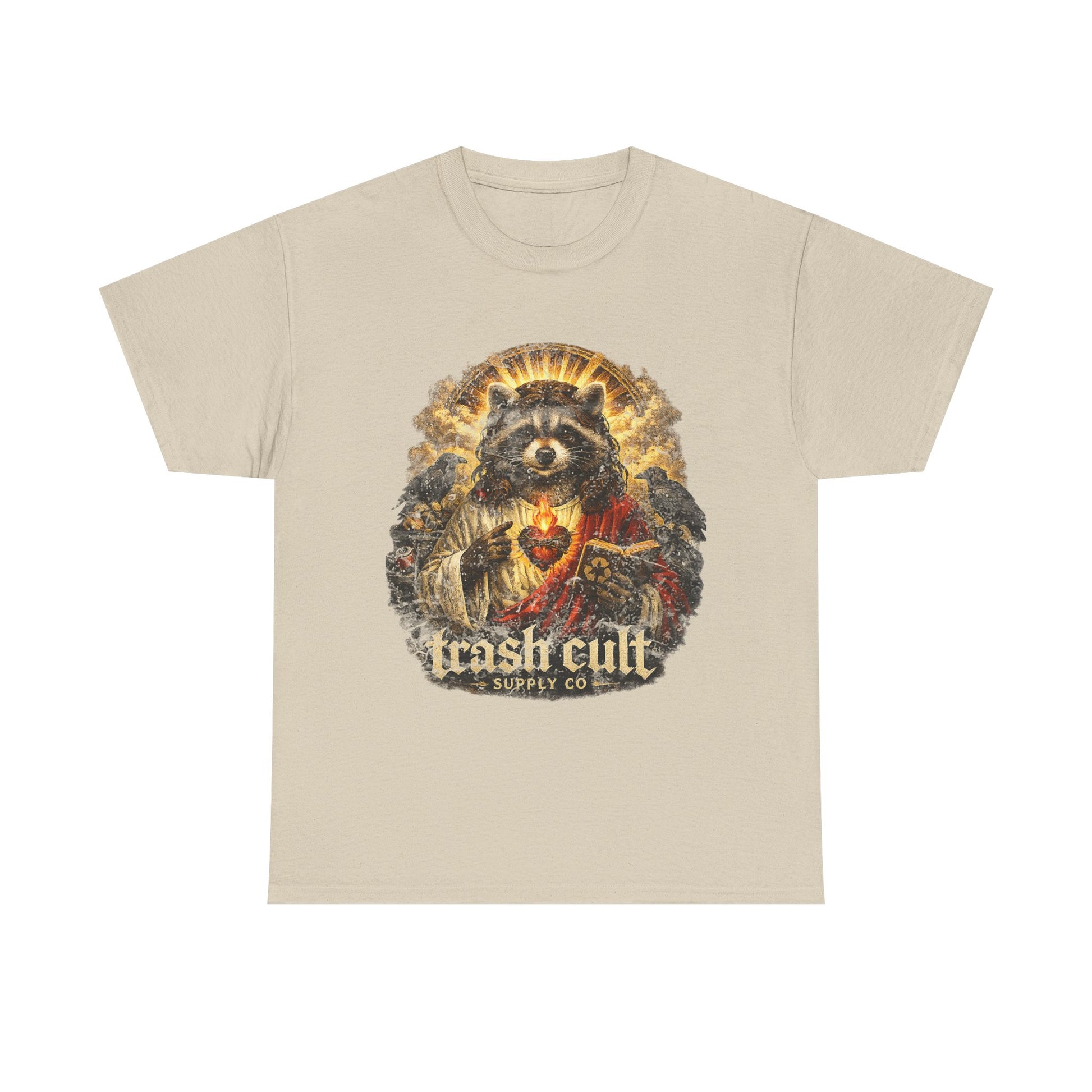Raccoon Saint Graphic Tee — “Trash Cult” Vintage Devotional Design