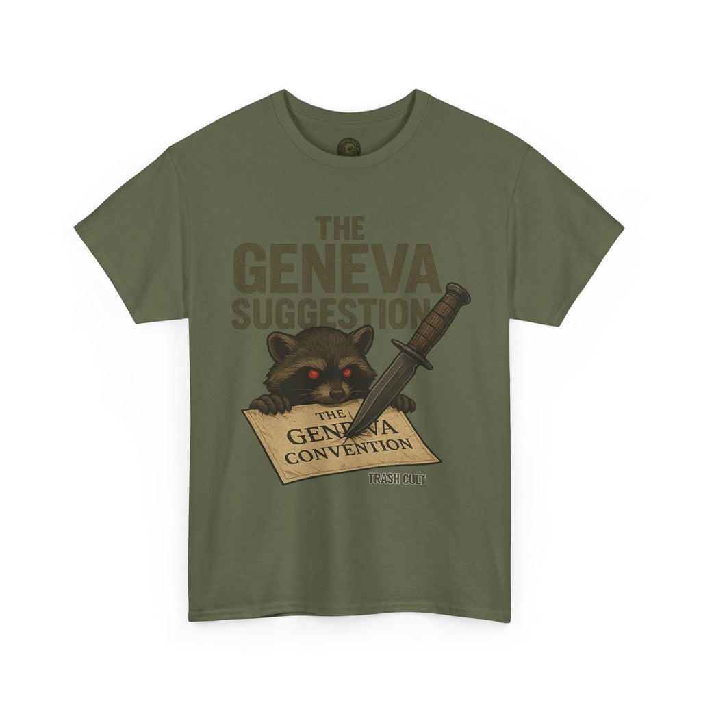 The Geneva Suggestion T-Shirt – Tactical Raccoon Dark Humor Tee | Trash Cult Supply Co. | Gildan 5000