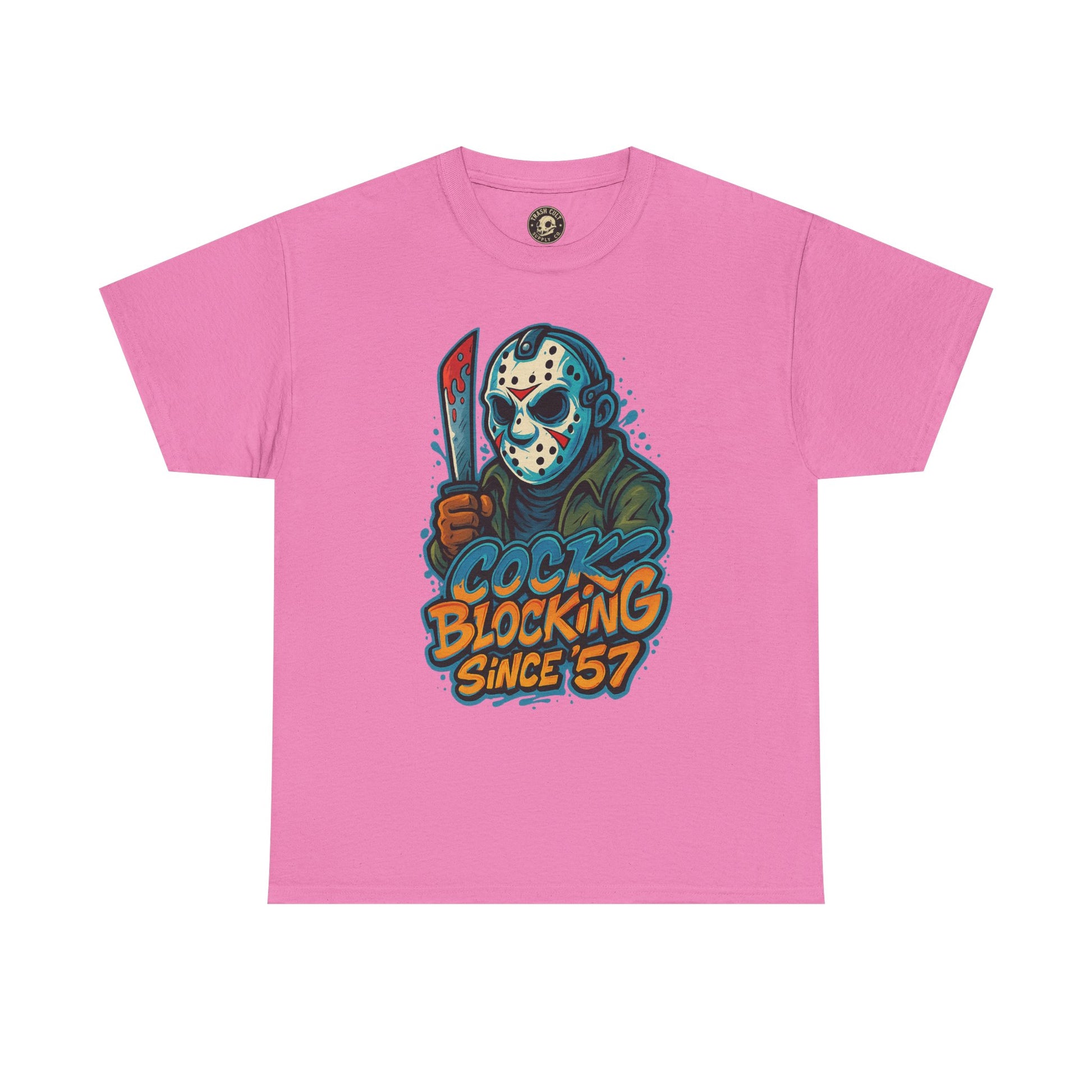 Jason Voorhees “Cock Blocking Since ’57” Funny Horror T-Shirt – Gildan 5000 | Slasher Meme Graphic Tee
