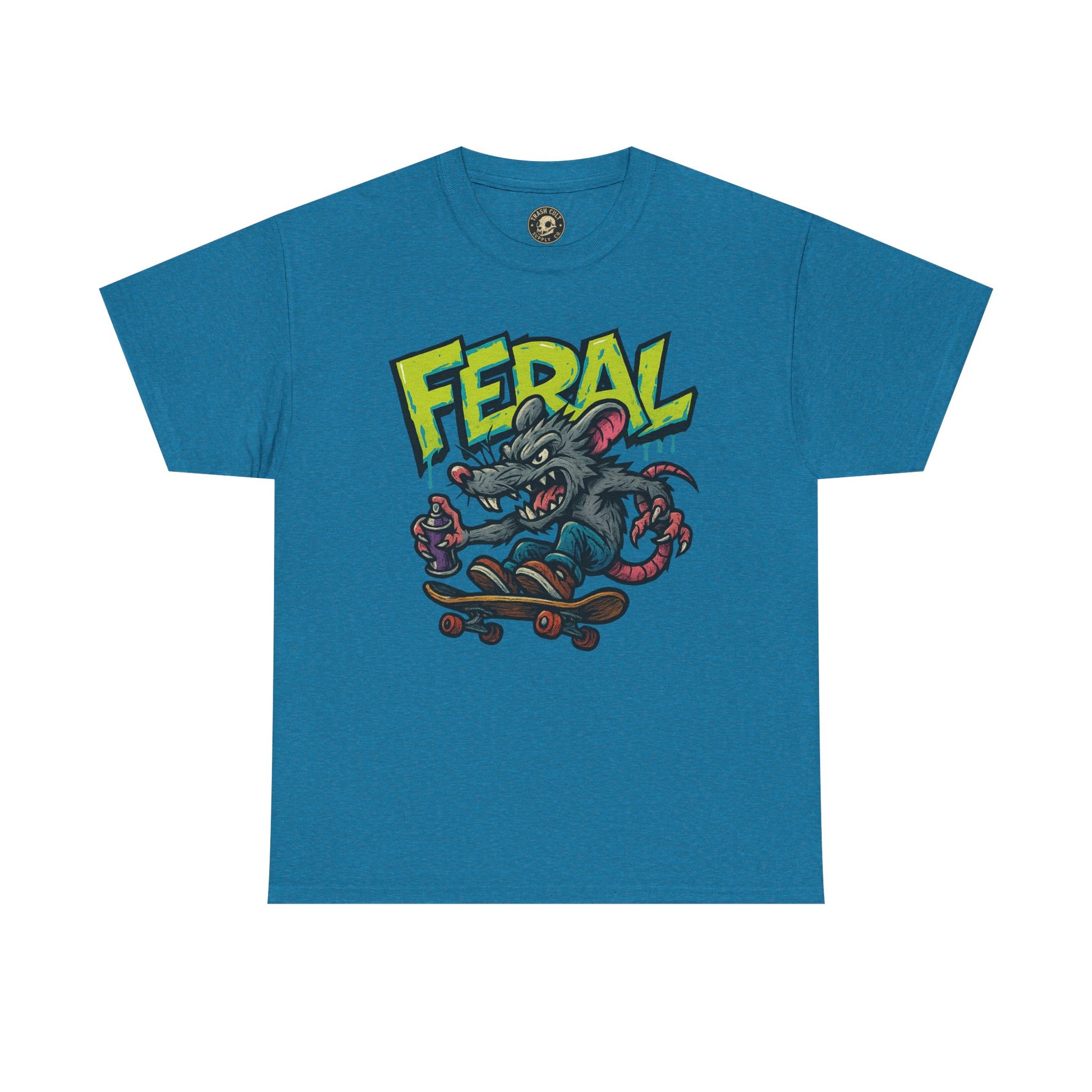 FERAL Graffiti Rat Skate Tee – Street Art Spray Can Mouse on Skateboard | Gildan 5000 Heavy Cotton Shirt