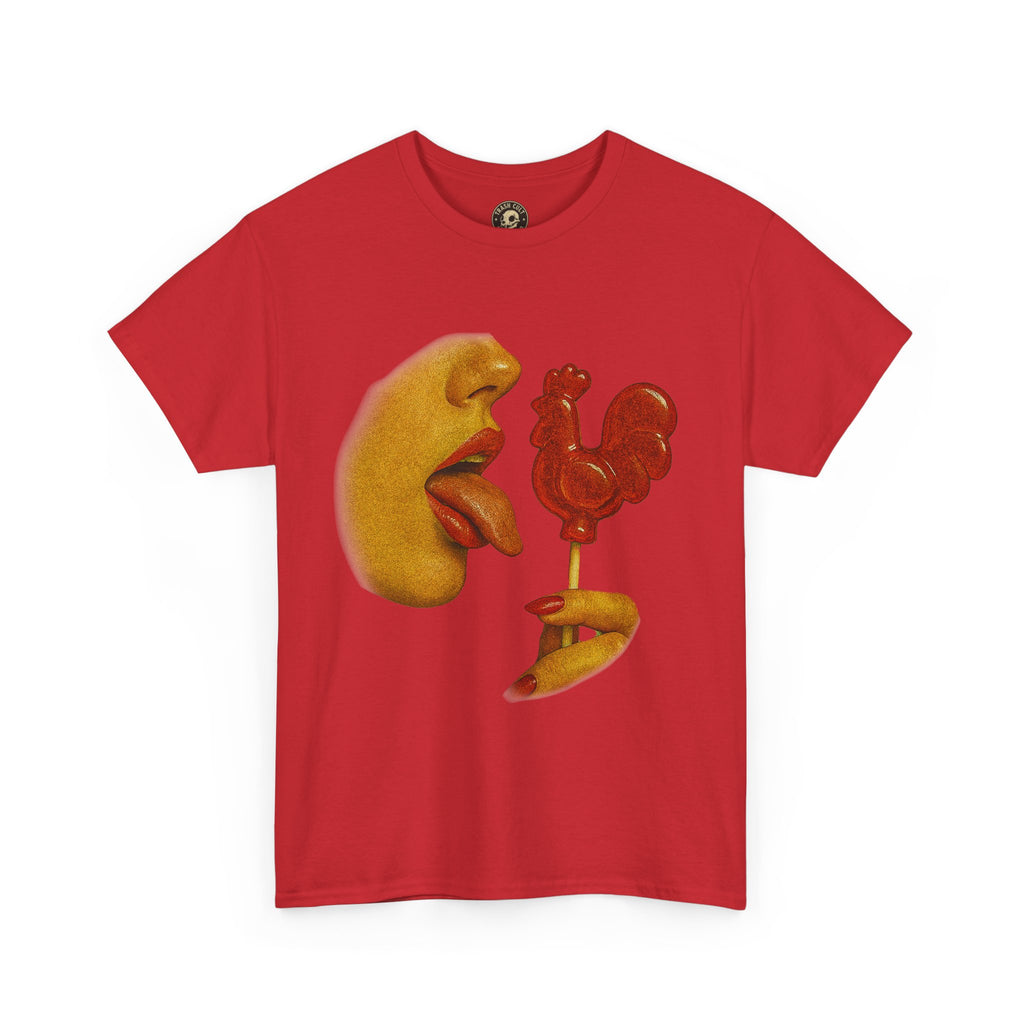 Bold Retro Halftone Tease – Red Rooster Lollipop Graphic Tee