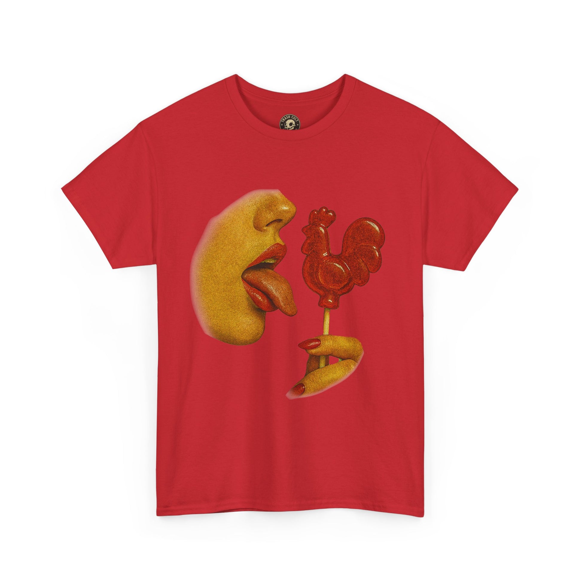 Bold Retro Halftone Tease – Red Rooster Lollipop Graphic Tee