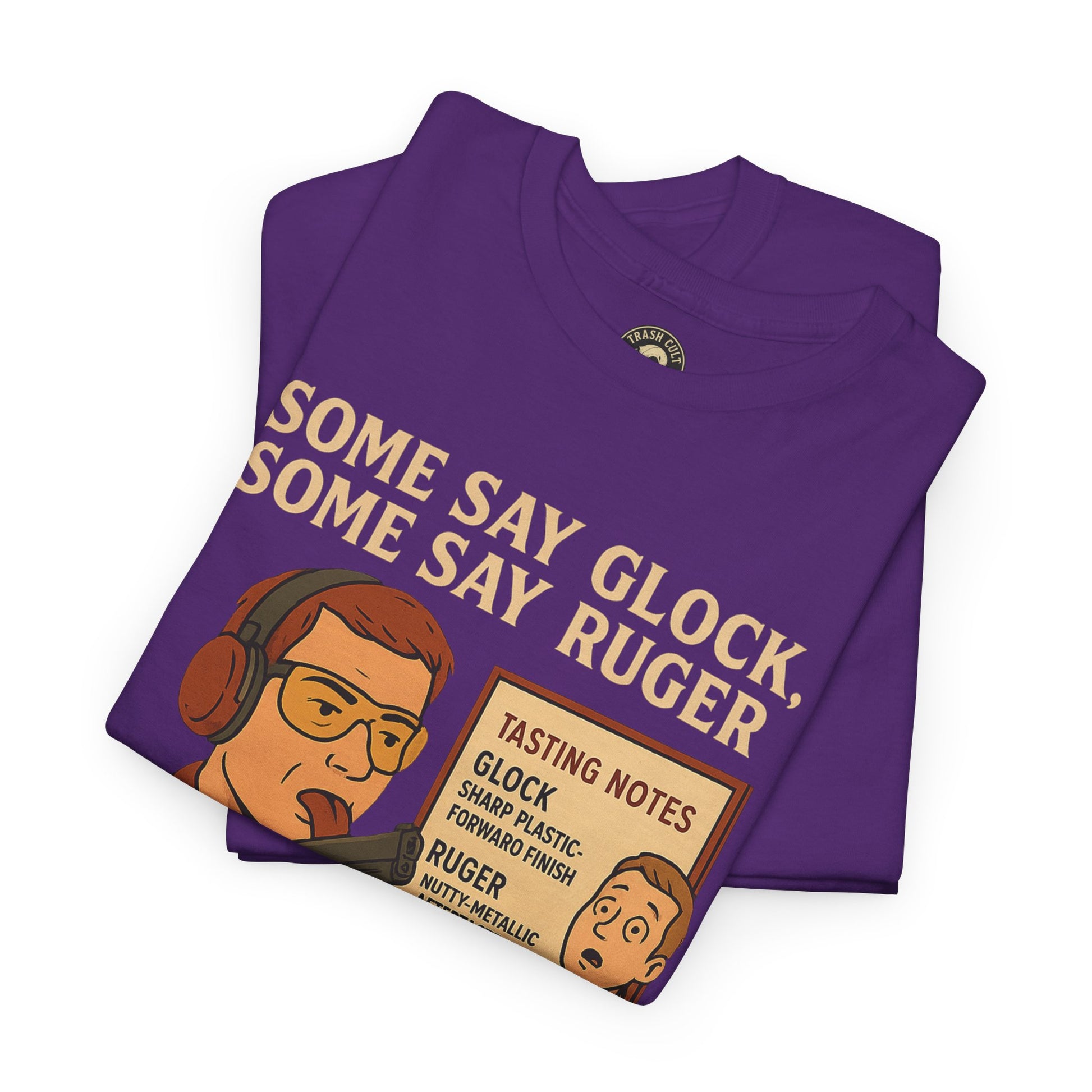 Glock vs Ruger Mouthfeel Shirt – Funny Gun Show Parody Tee | Dark Humor Firearm Tasting Notes Shirt