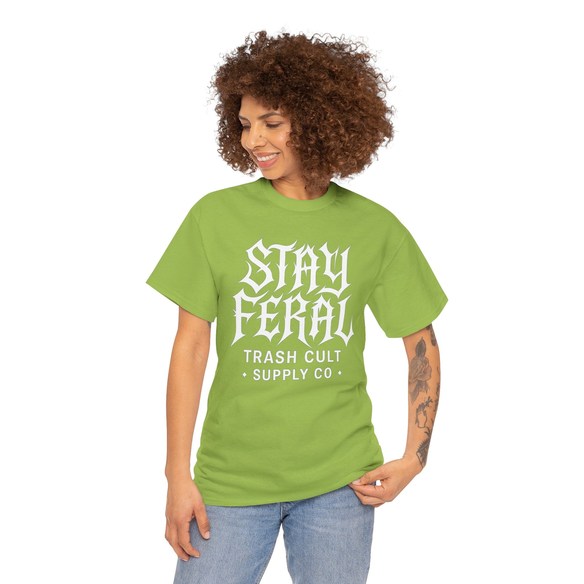 Unisex Heavy Cotton Tee - Stay Feral Graphic Tee, Streetwear Shirt, Gift for Wild Spirits, Eco-Friendly Casualwear, Summer Fashion