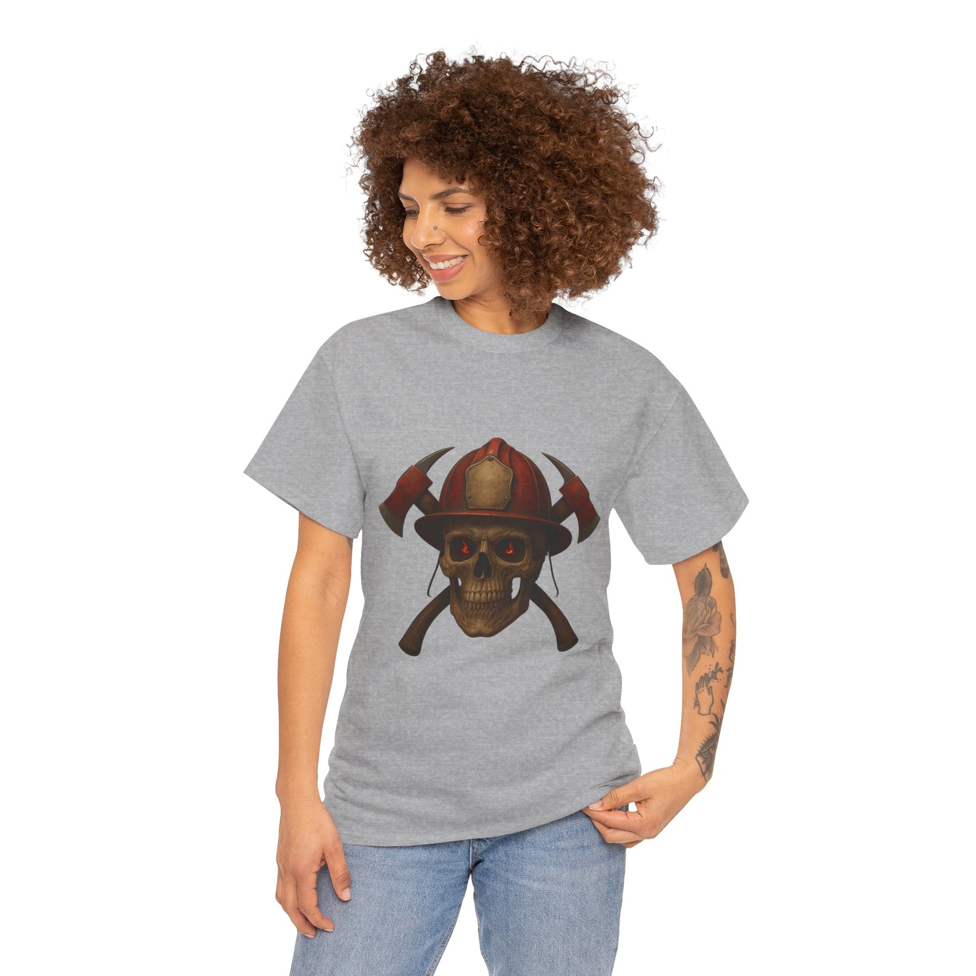 Skull Firefighter Tee, Unisex Heavy Cotton Shirt, Firefighter Gift, Halloween Costume T-Shirt, Unique Graphic Tee, Casual Wear