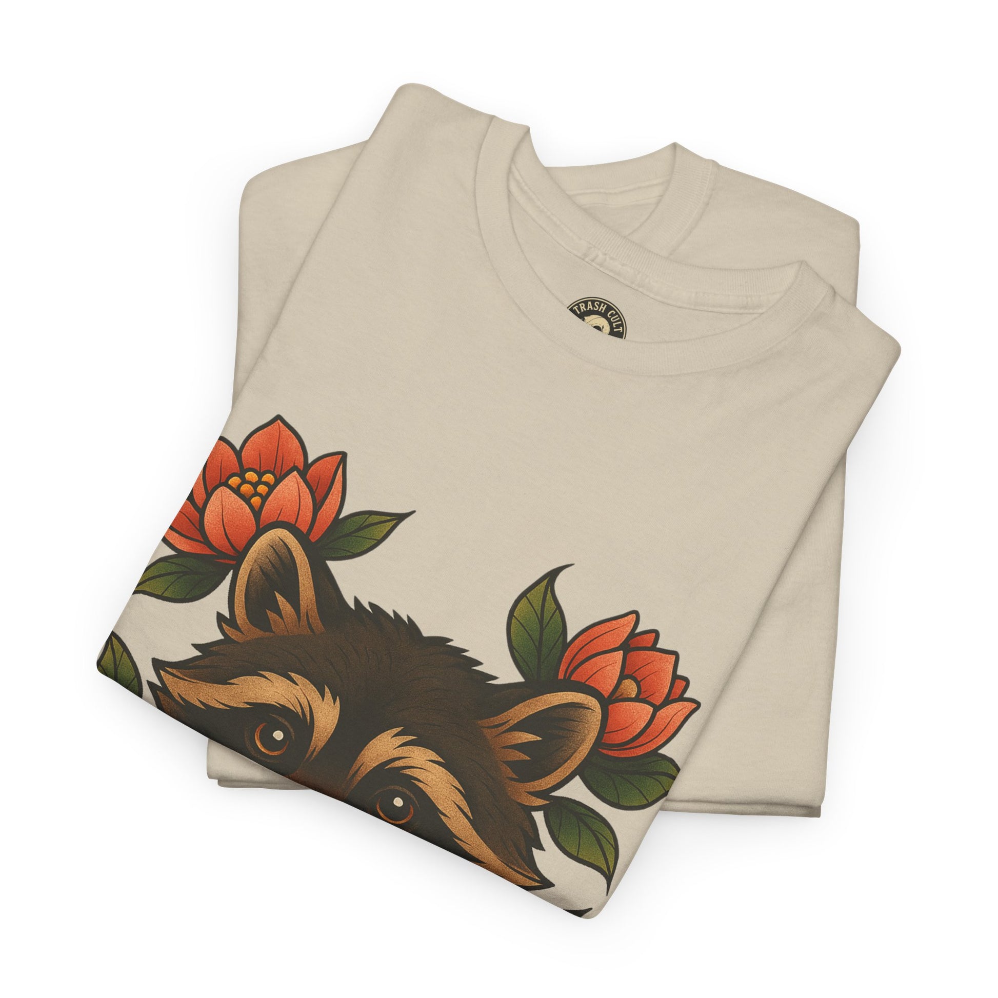 Neo-Traditional Raccoon & Lotus Tattoo Shirt – Trash Cult Supply Co. – Gildan 5000