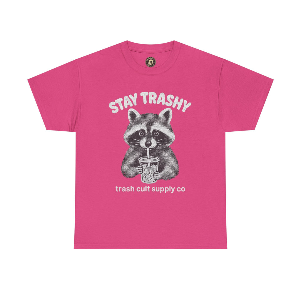 Stay Trashy Raccoon Iced Coffee Shirt – Halftone All White Design | Trash Cult Supply Co.