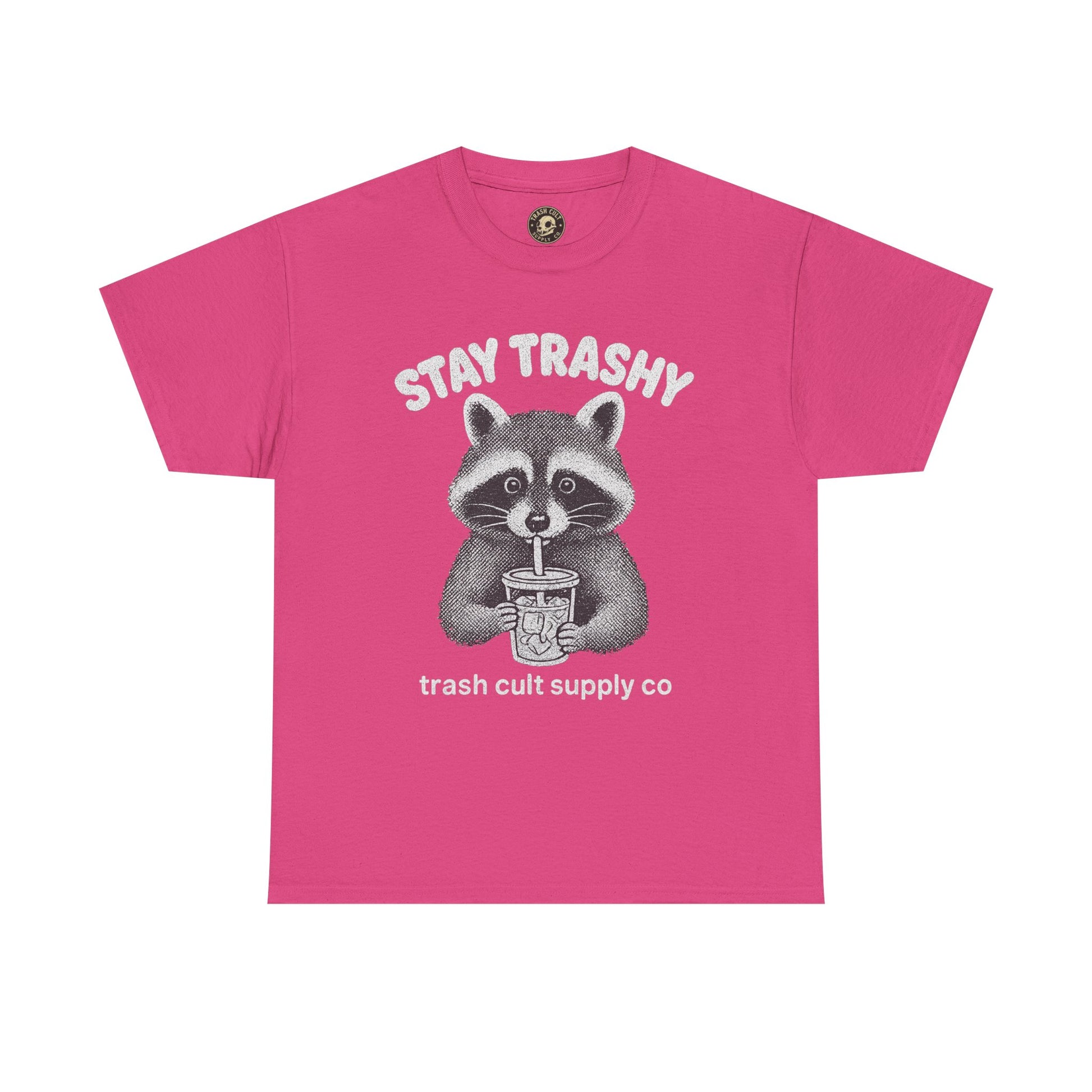 Stay Trashy Raccoon Iced Coffee Shirt – Halftone All White Design | Trash Cult Supply Co.
