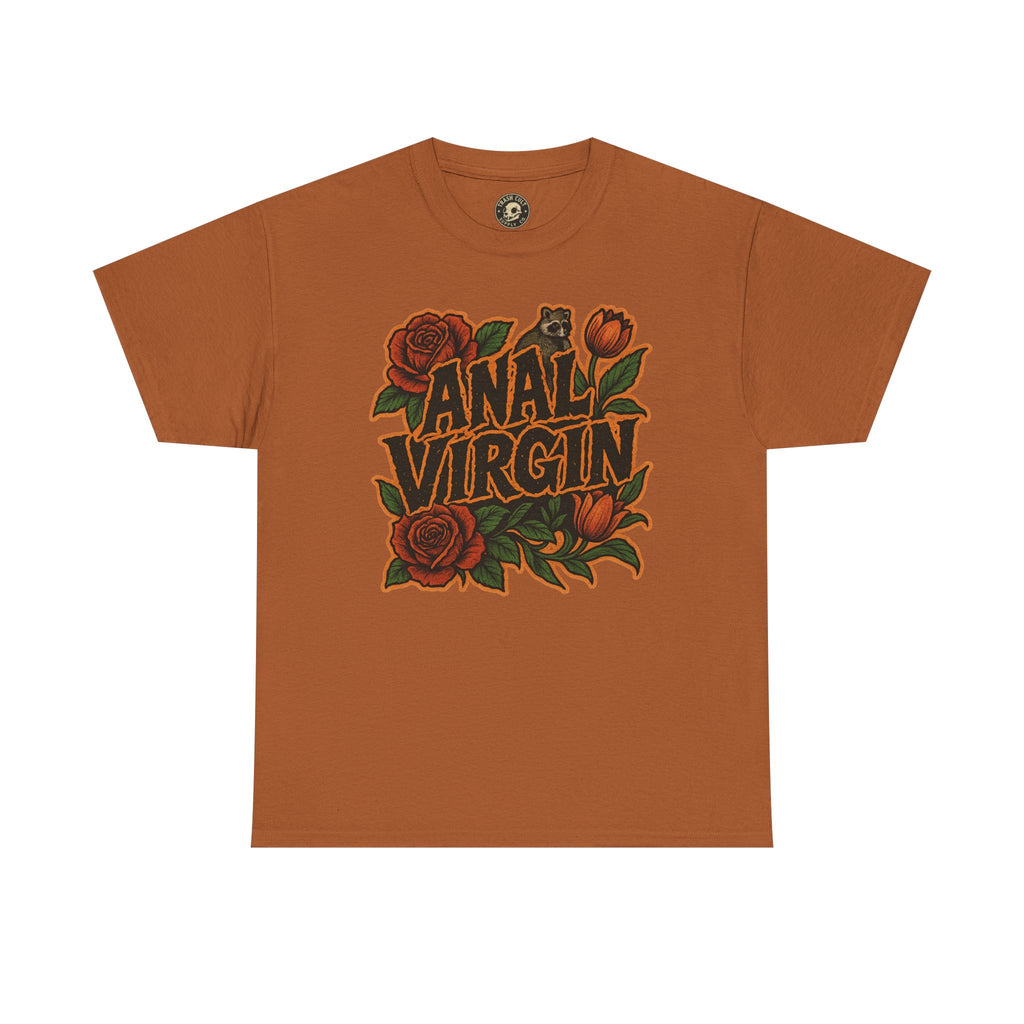 Anal Virgin Bold Floral Trashcore Tee – Funny Raccoon Shirt – Gildan 5000