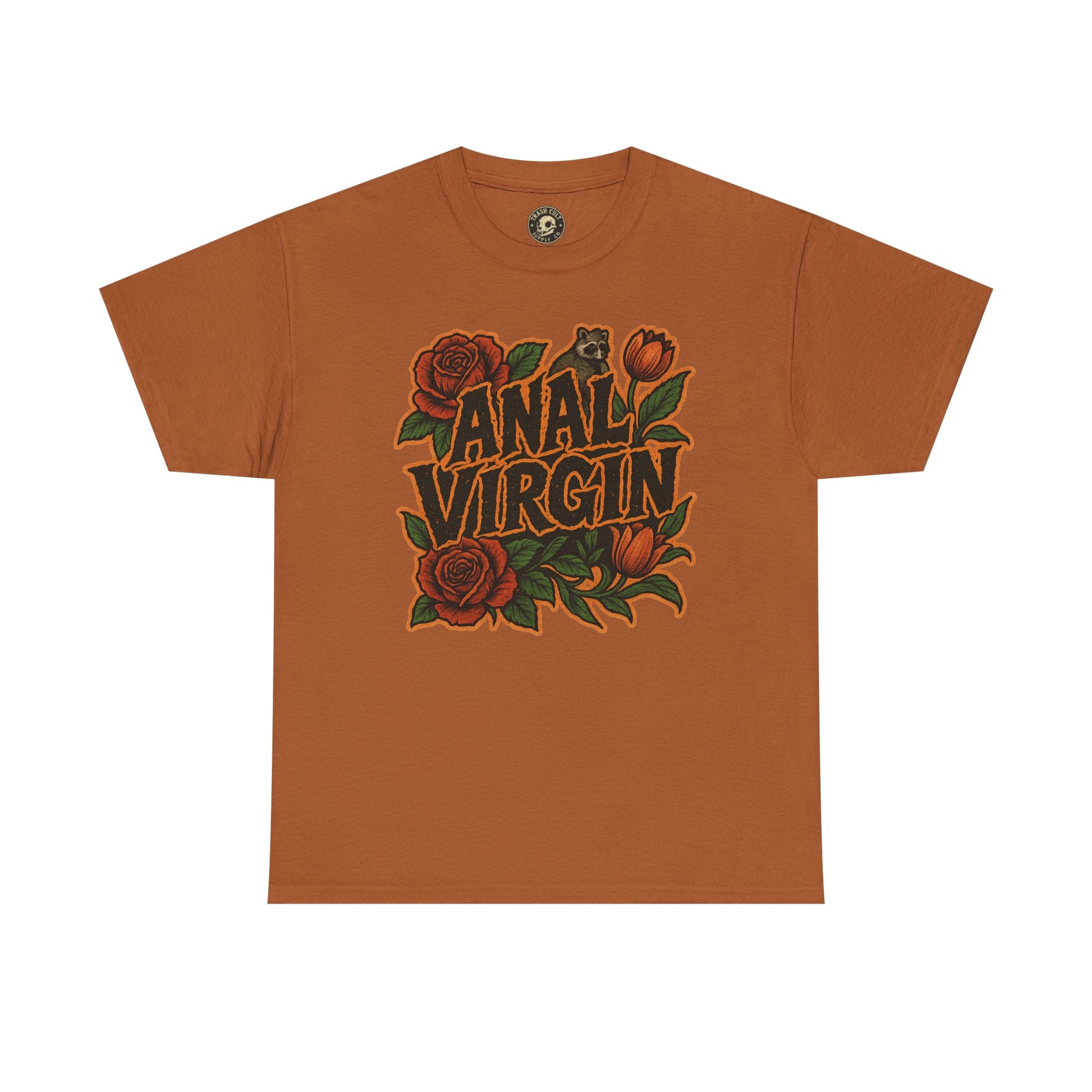 Anal Virgin Bold Floral Trashcore Tee – Funny Raccoon Shirt – Gildan 5000