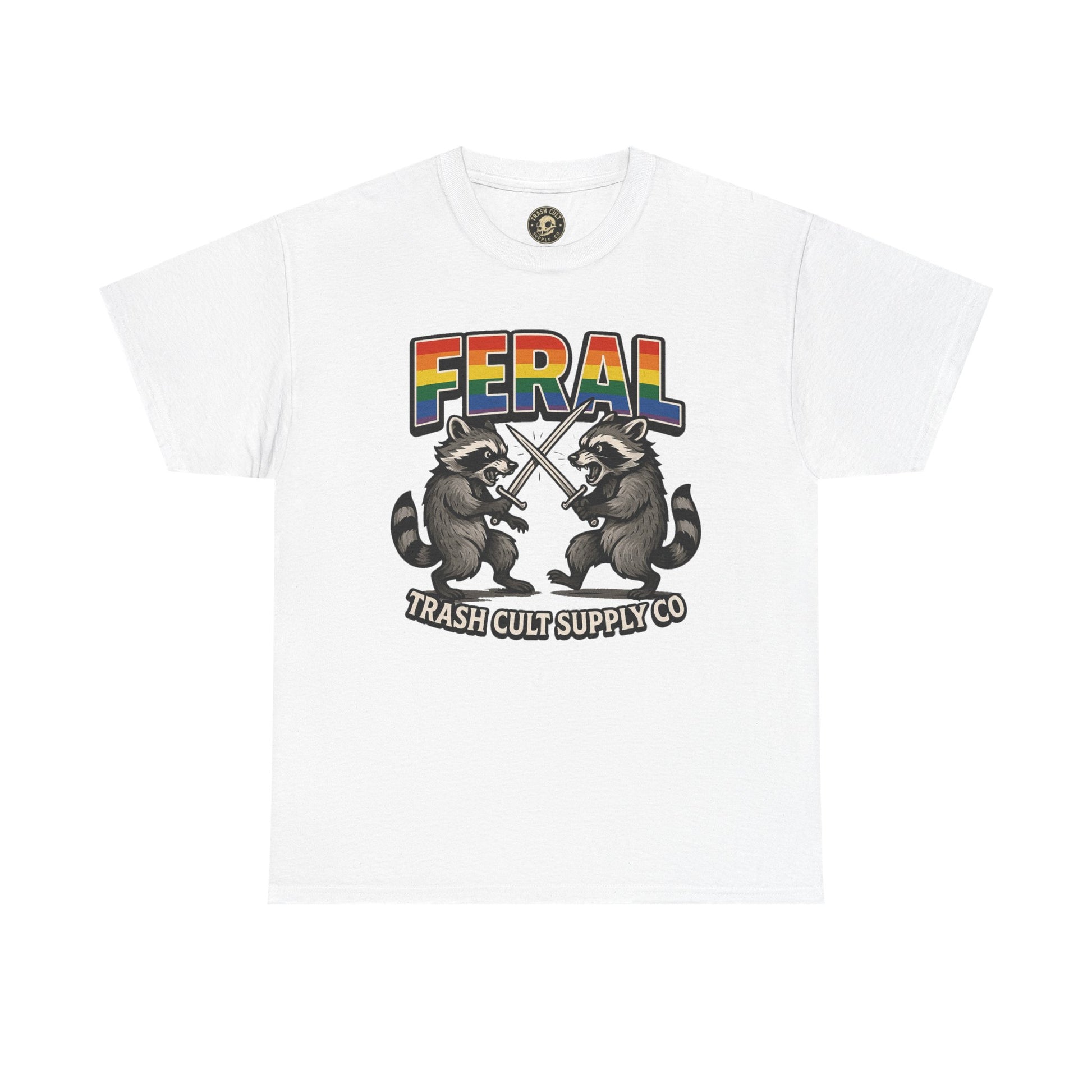 FERAL Rainbow Raccoon Sword Fighting Graphic Tee – Gildan 5000 Heavy Cotton