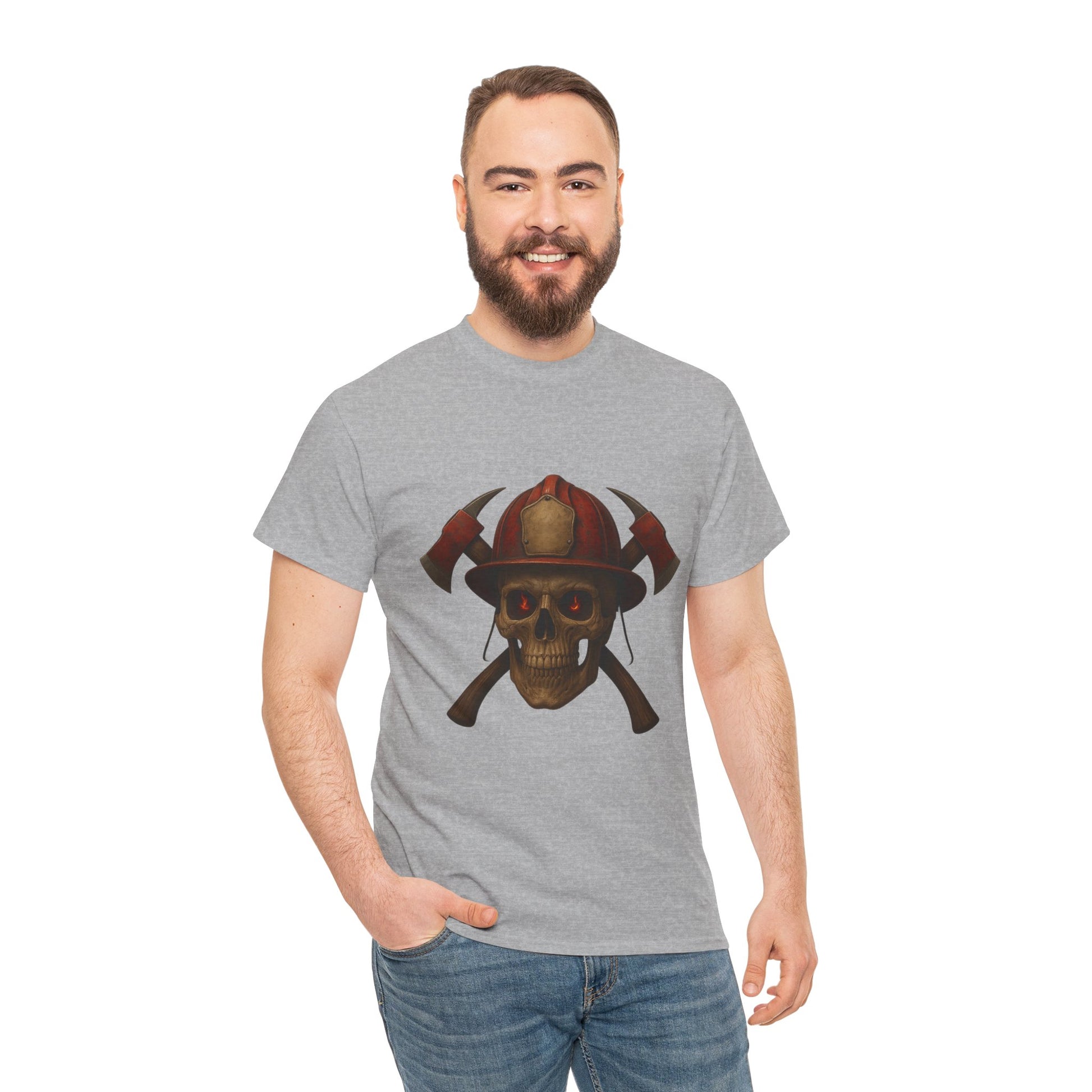 Skull Firefighter Tee, Unisex Heavy Cotton Shirt, Firefighter Gift, Halloween Costume T-Shirt, Unique Graphic Tee, Casual Wear