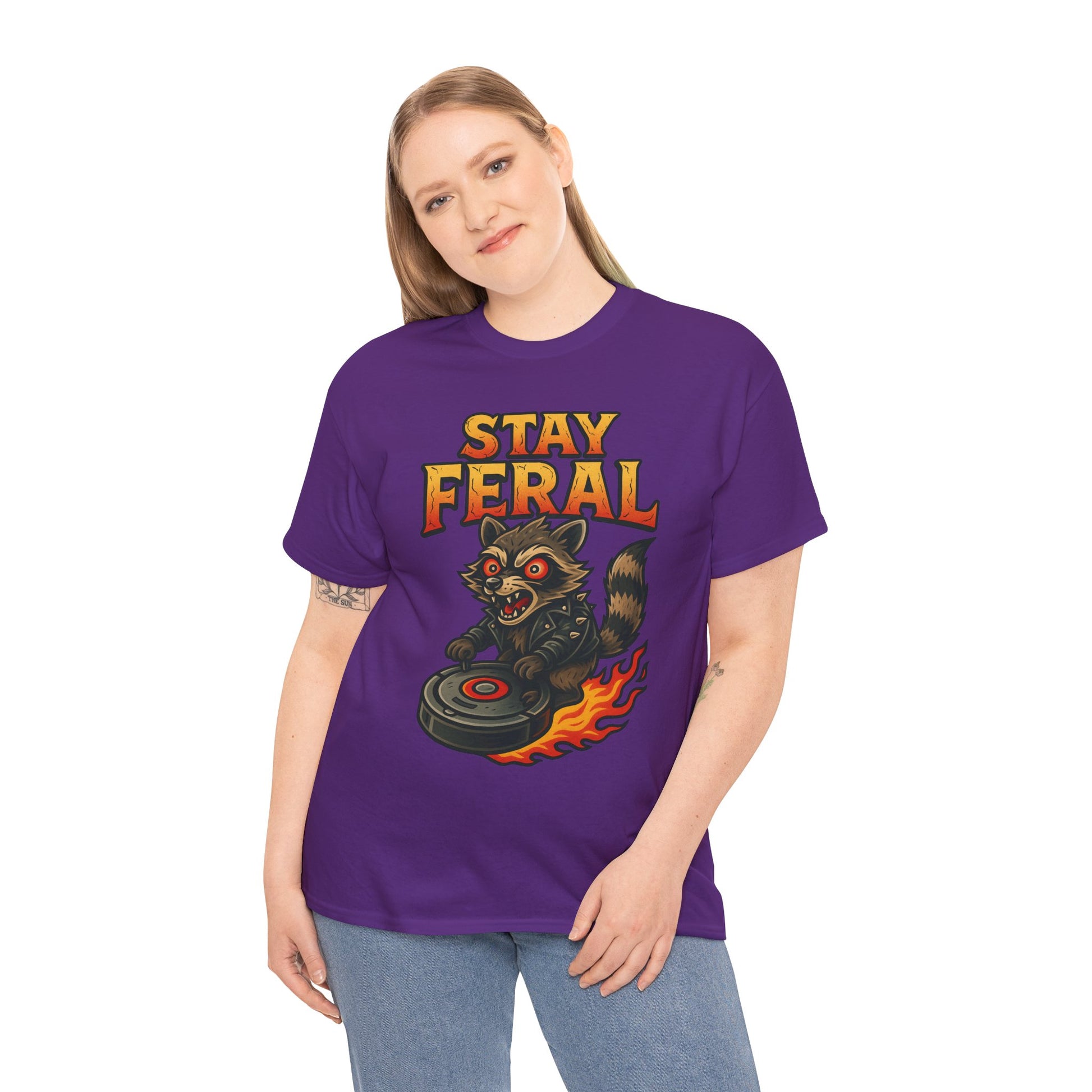 Stay Feral Roomba Raccoon T-Shirt – Bold New School Tattoo Style | Trash Cult Supply Co