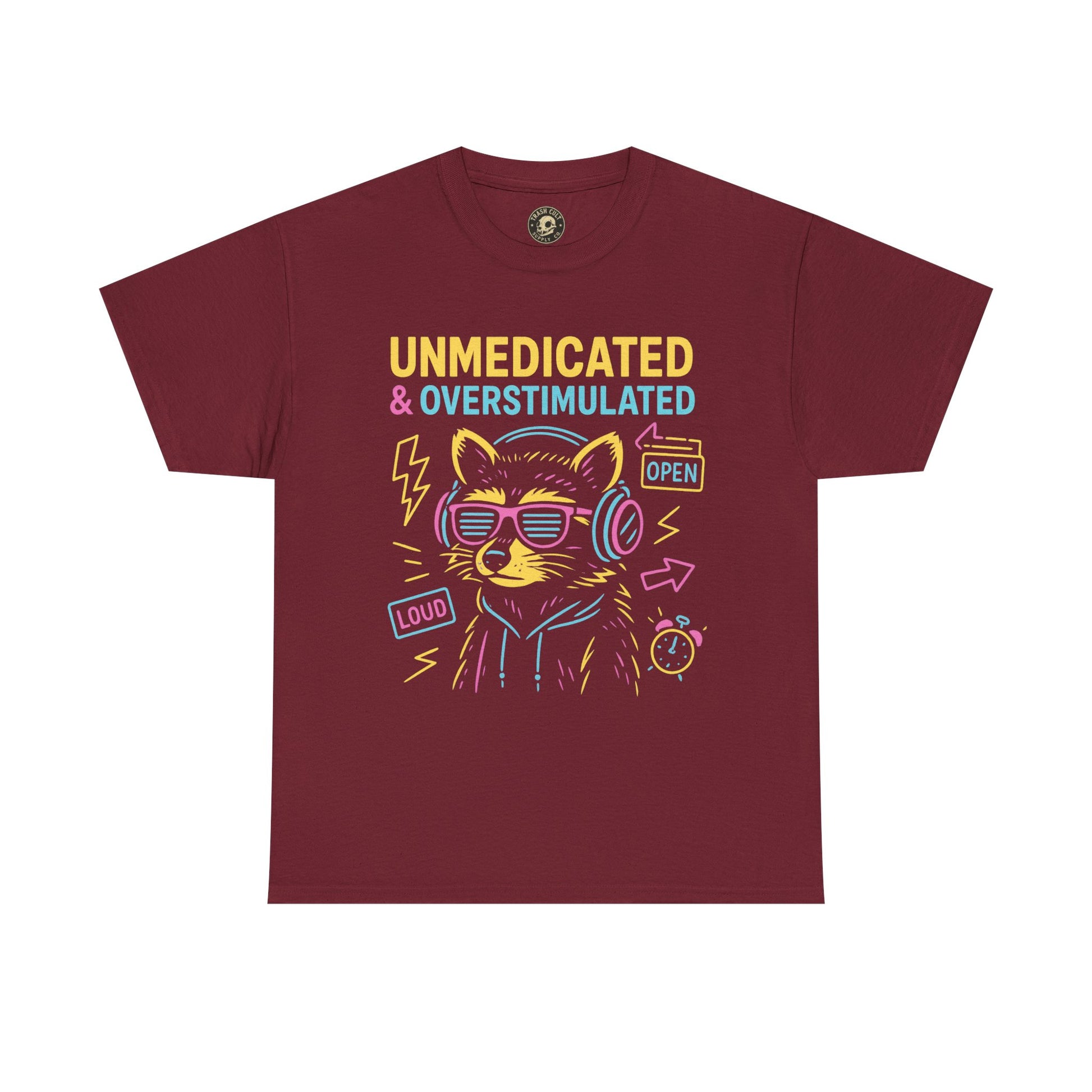 Unmedicated & Overstimulated Neon Raccoon ADHD Shirt – Trash Cult Supply Co. – Gildan 5000