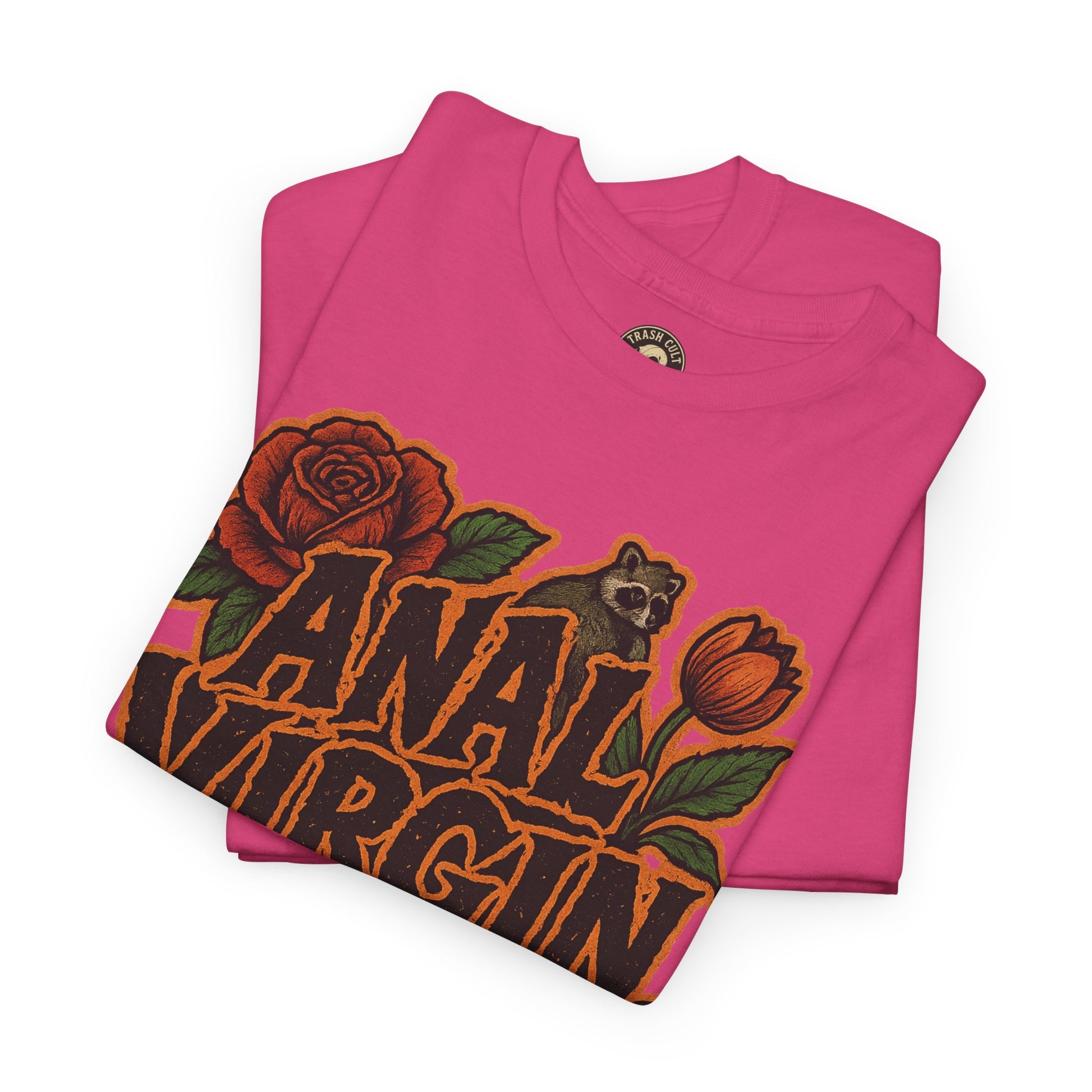 Anal Virgin Bold Floral Trashcore Tee – Funny Raccoon Shirt – Gildan 5000