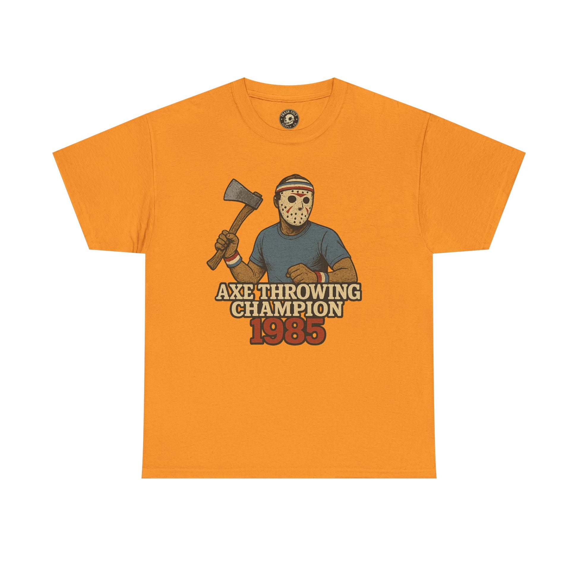 Jason Voorhees Axe Throwing Champion 1985 T-Shirt – Retro Slasher Workout Parody | Gildan 5000 Tee