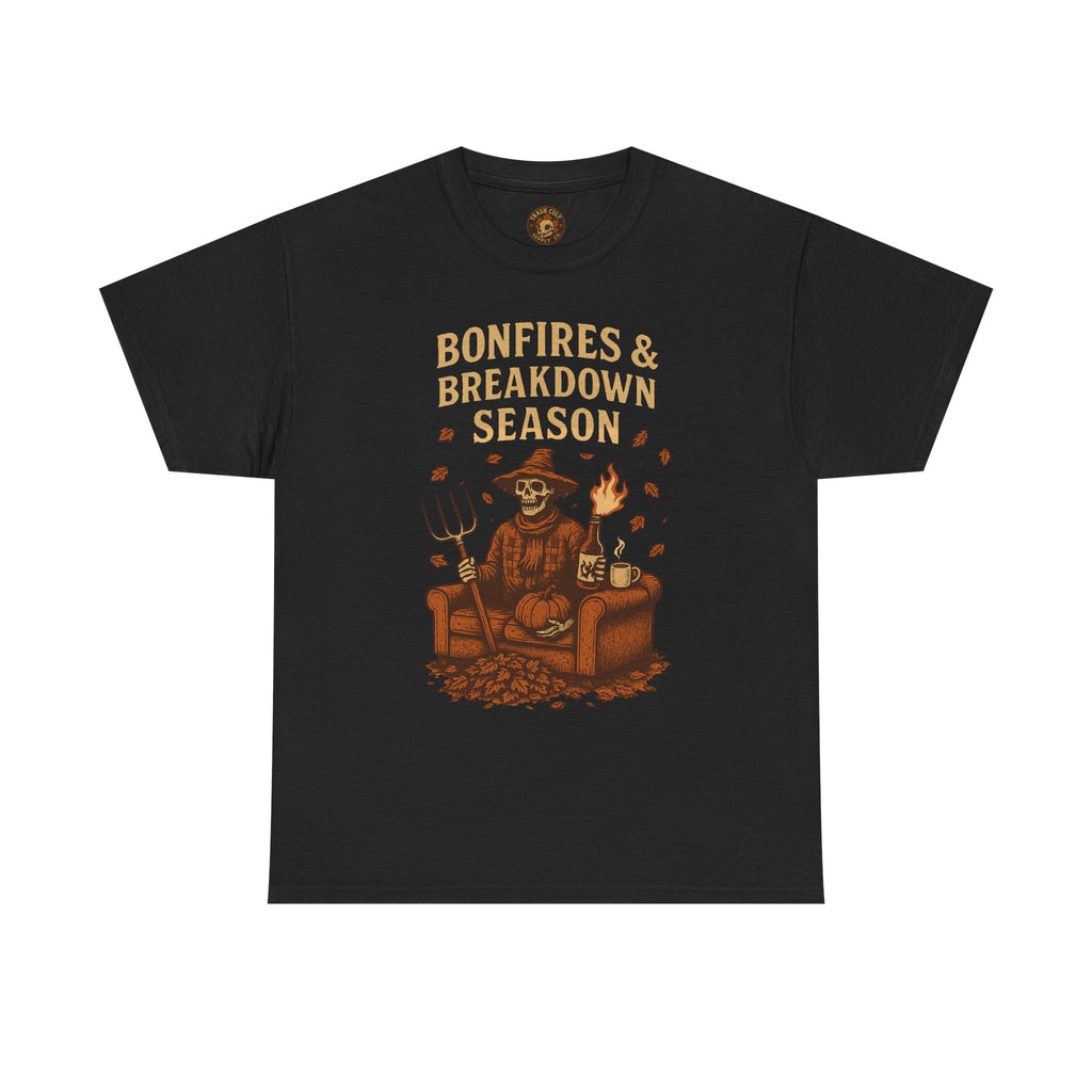 Bonfires & Breakdown Season Shirt – Skeleton Couch Chaos Tee – Fall of Humanity Collection – Trash Cult Supply Co.