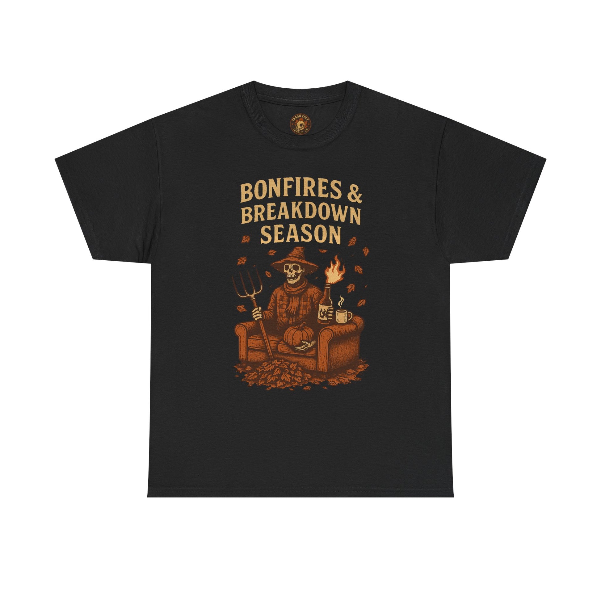Bonfires & Breakdown Season Shirt – Skeleton Couch Chaos Tee – Fall of Humanity Collection – Trash Cult Supply Co.