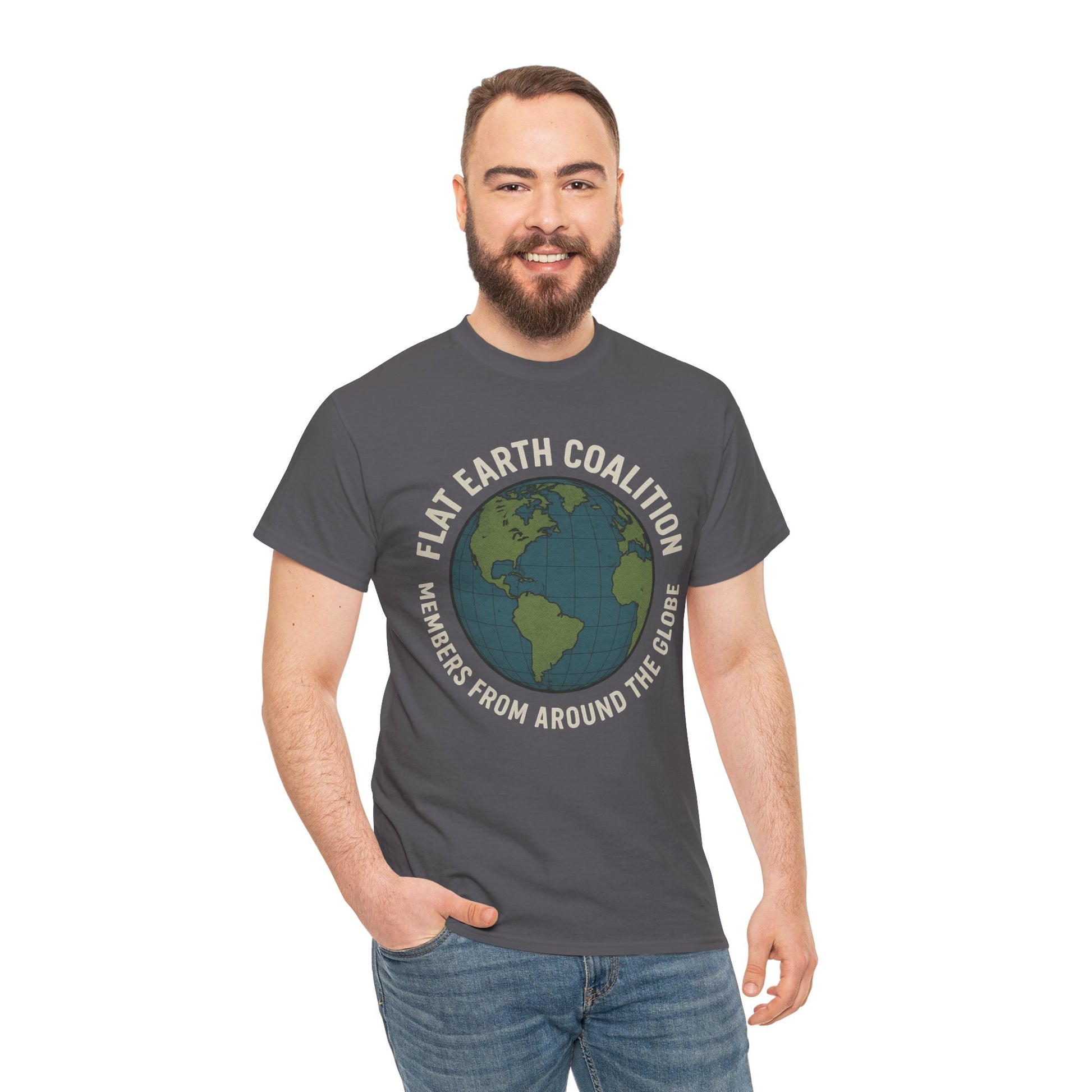 Flat Earth Coalition Funny Globe Parody Shirt – “Members From Around the Globe” Tee – Satirical Conspiracy Theory Humor Tee
