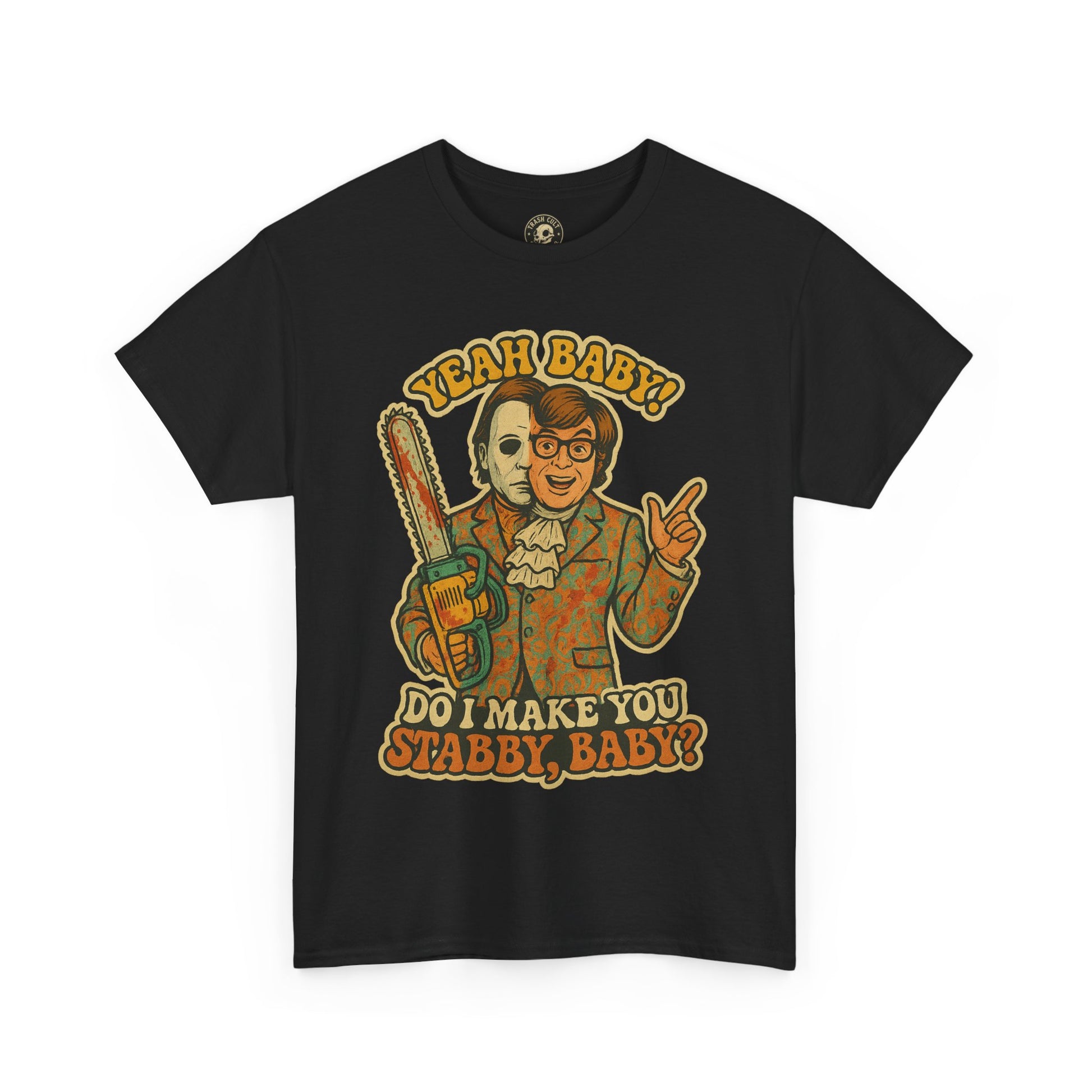 Mike Myers Parody Shirt – “Do I Make You Stabby, Baby?” Funny Horror Mashup Tee – Gildan 5000 Unisex