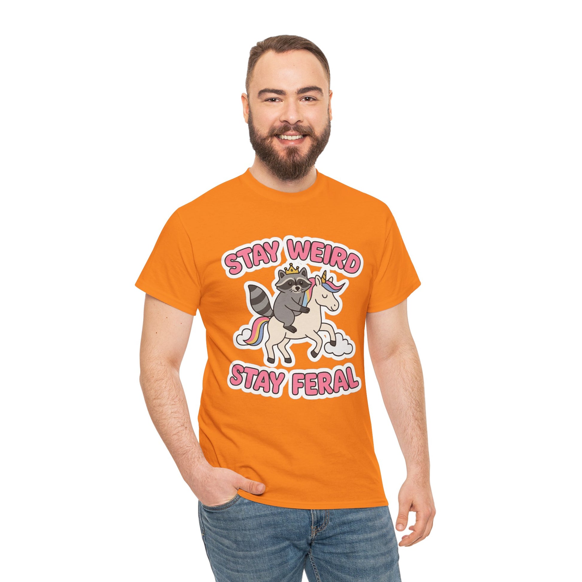 Stay Weird Stay Feral Shirt – Raccoon & Unicorn – High Visibility Gildan 5000 Tee
