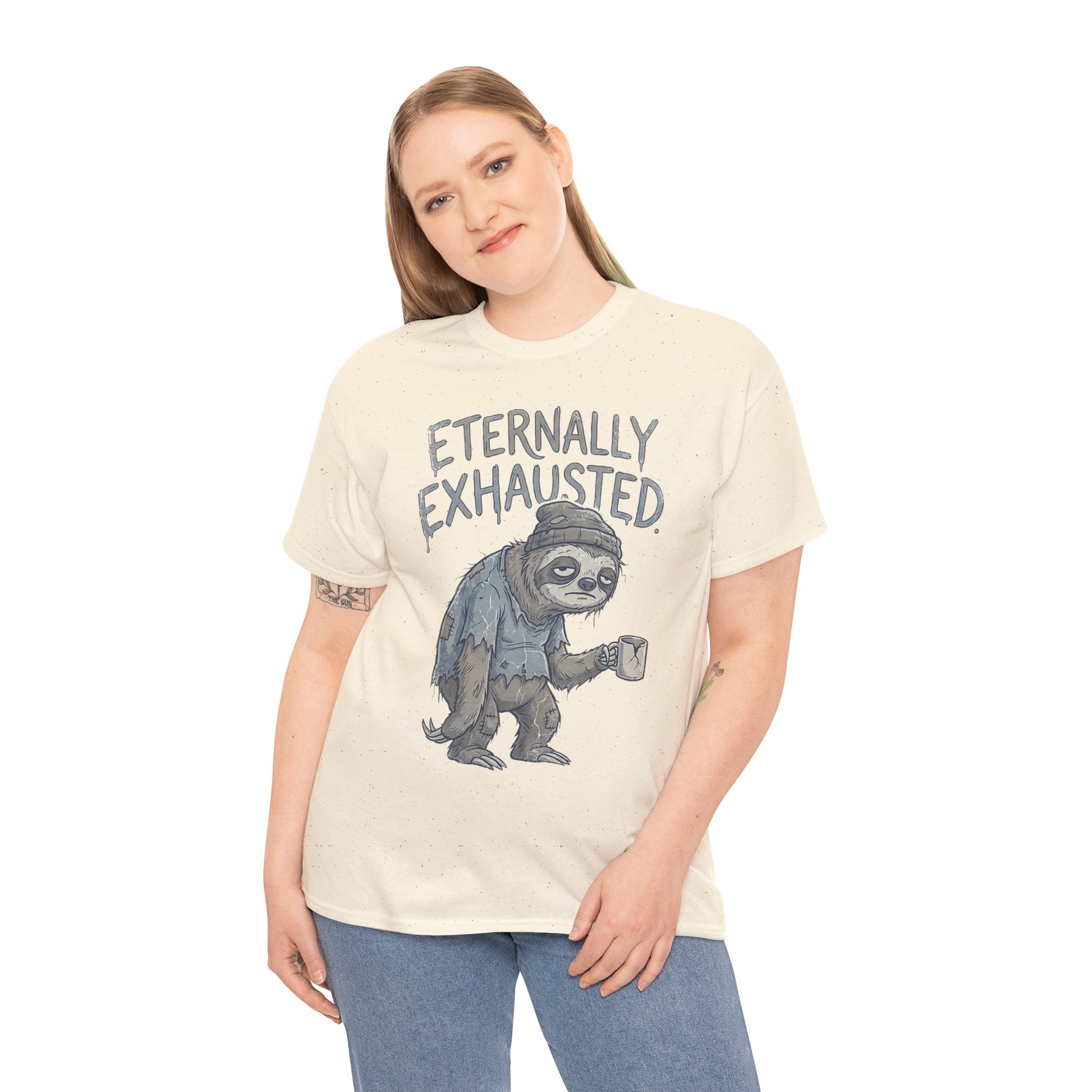 T-Shirt — 'Eternally Exhausted' Sloth Graphic Tee (Funny Coffee Lover Gift)