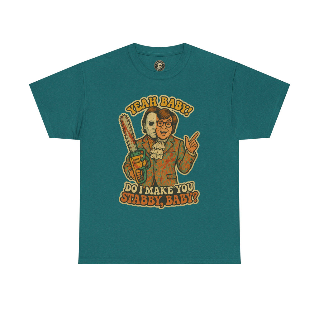 Mike Myers Parody Shirt – “Do I Make You Stabby, Baby?” Funny Horror Mashup Tee – Gildan 5000 Unisex