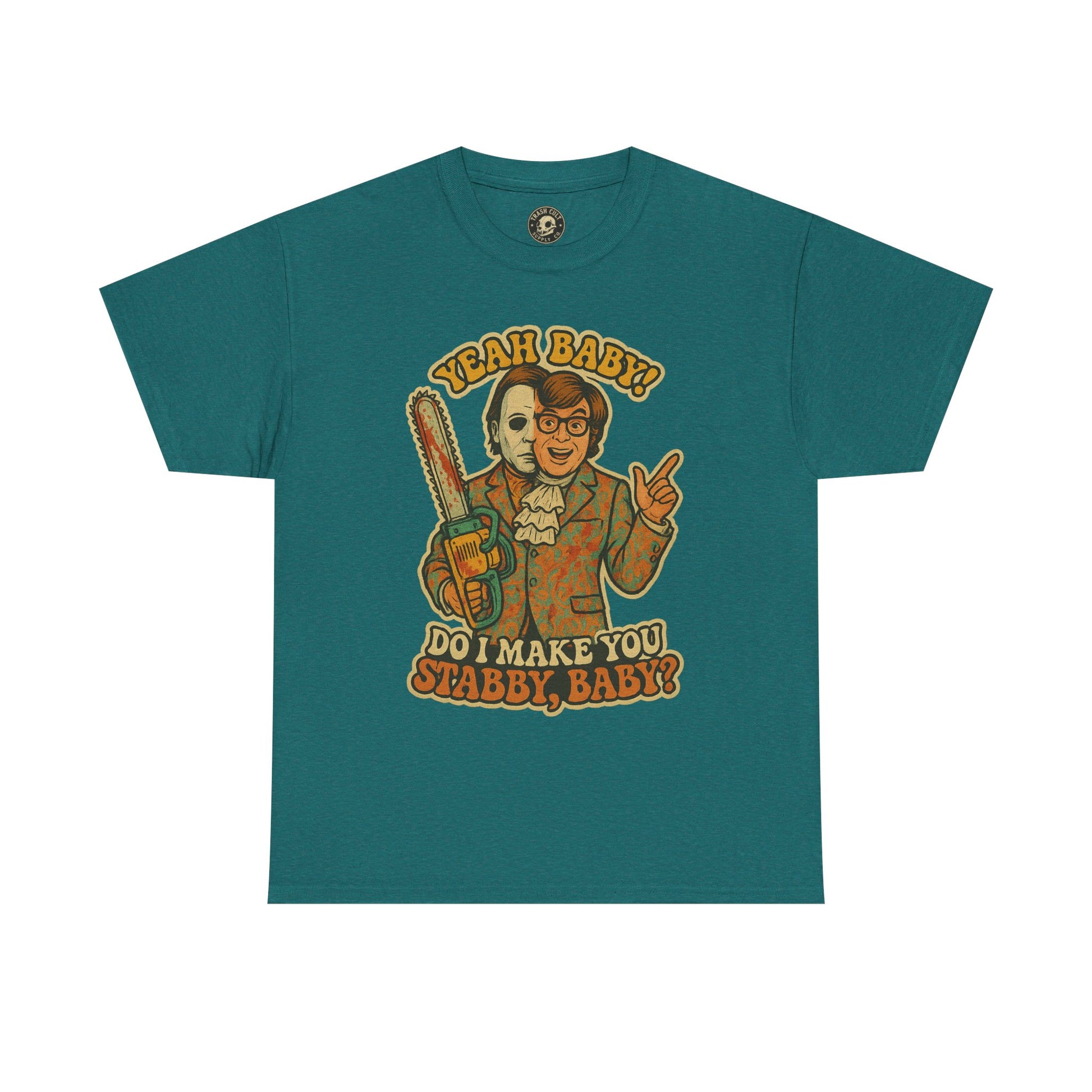 Mike Myers Parody Shirt – “Do I Make You Stabby, Baby?” Funny Horror Mashup Tee – Gildan 5000 Unisex
