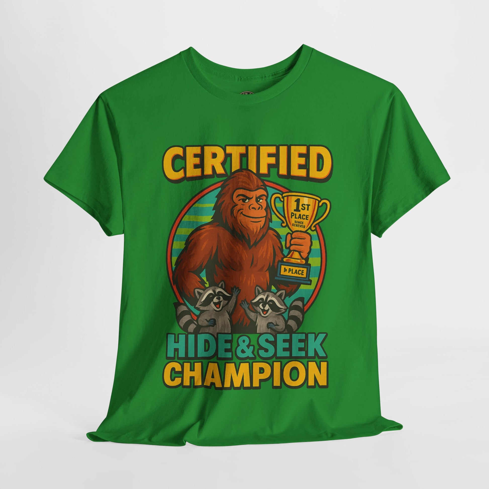 Certified Hide & Seek Champion Bigfoot T-Shirt – Funny Cryptid Shirt – Raccoon Forest Meme Tee – Gildan 5000