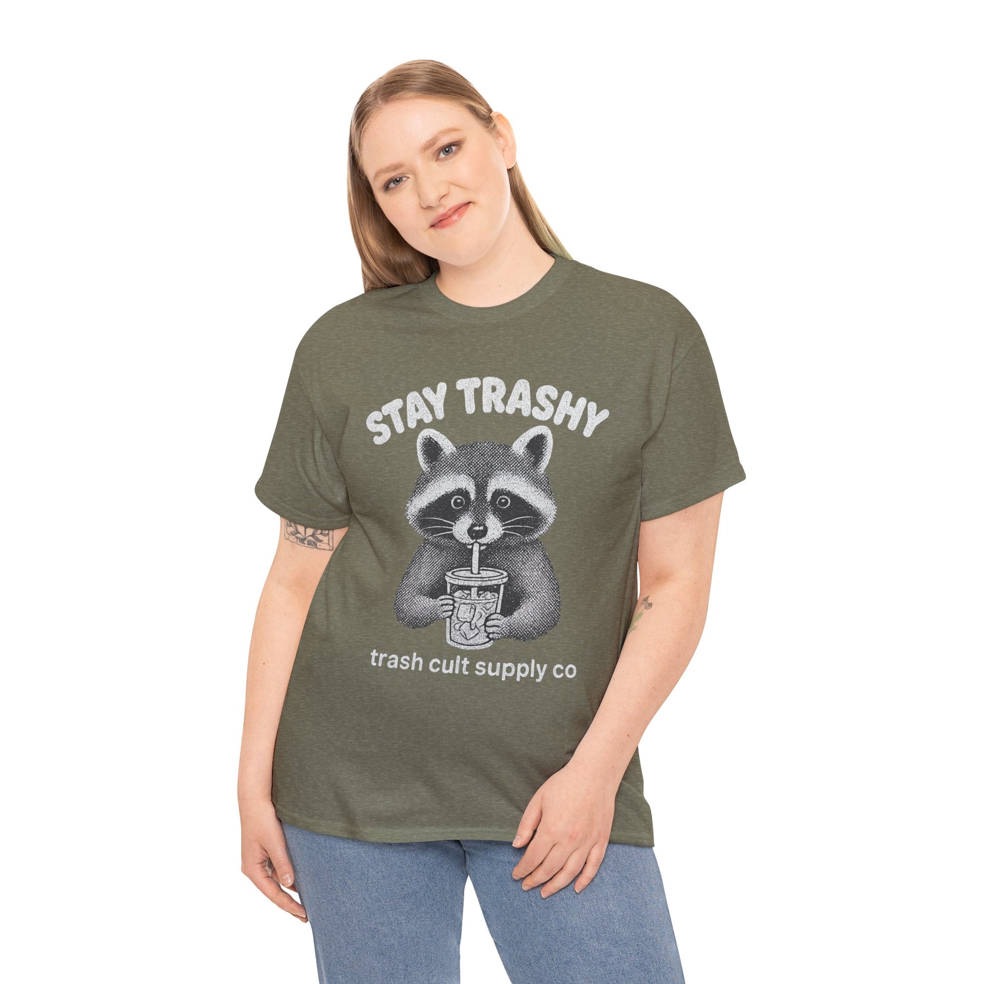 Stay Trashy Raccoon Iced Coffee Shirt – Halftone All White Design | Trash Cult Supply Co.