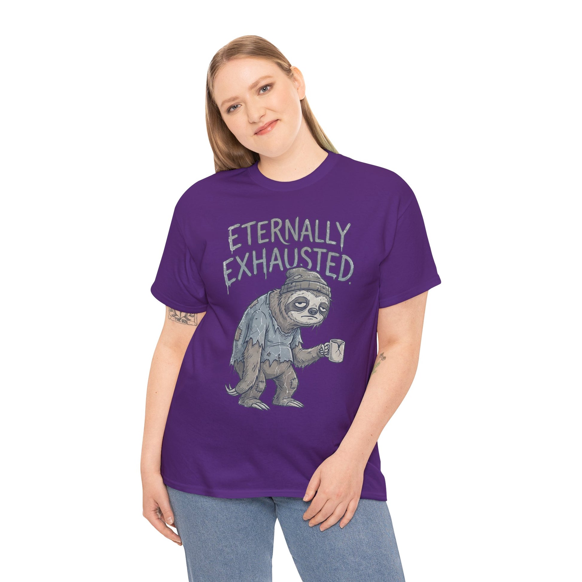 T-Shirt — 'Eternally Exhausted' Sloth Graphic Tee (Funny Coffee Lover Gift)