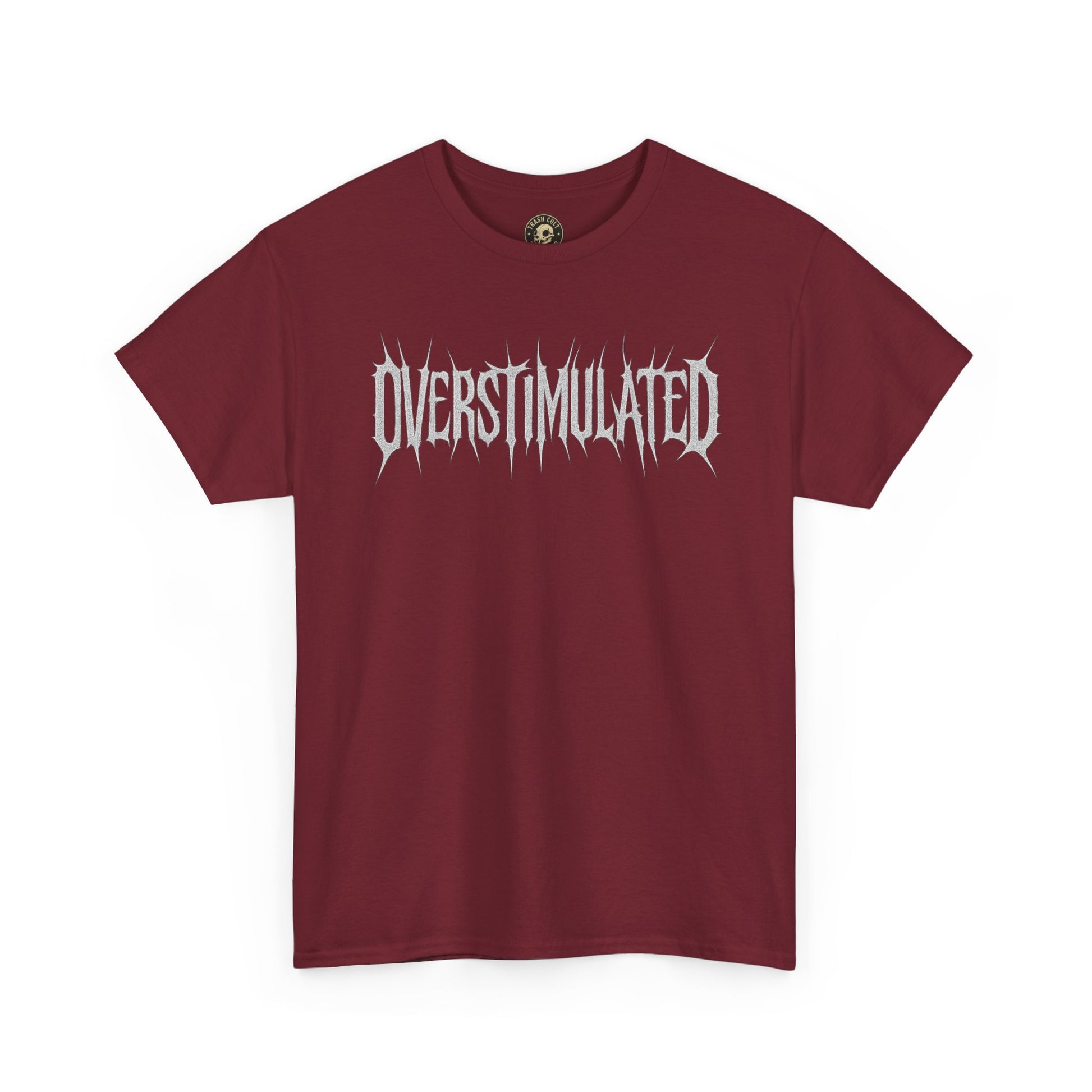 OVERSTIMULATED Metalcore Grunge Shirt – White on Black Distressed Font Tee