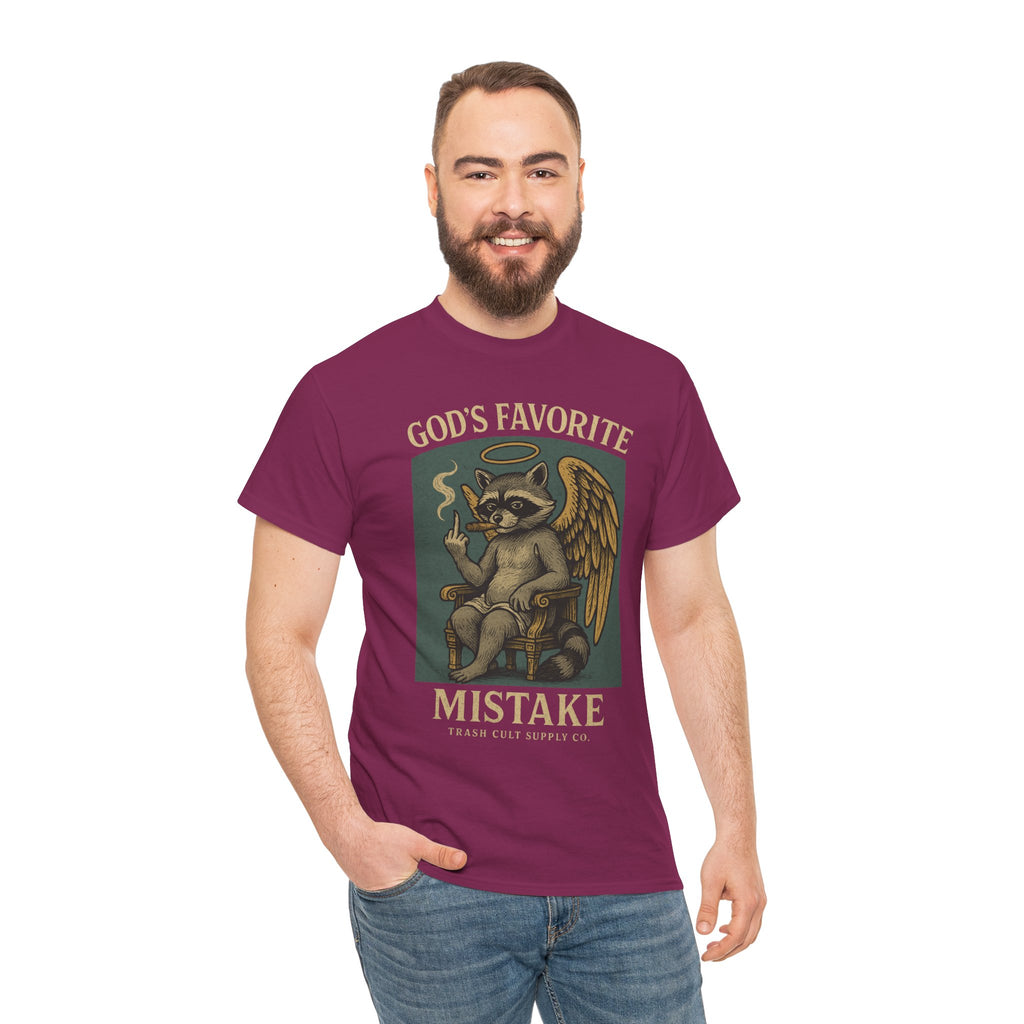 God’s Favorite Mistake Shirt – Raccoon Angel Flipping the Bird by Trash Cult Supply Co.