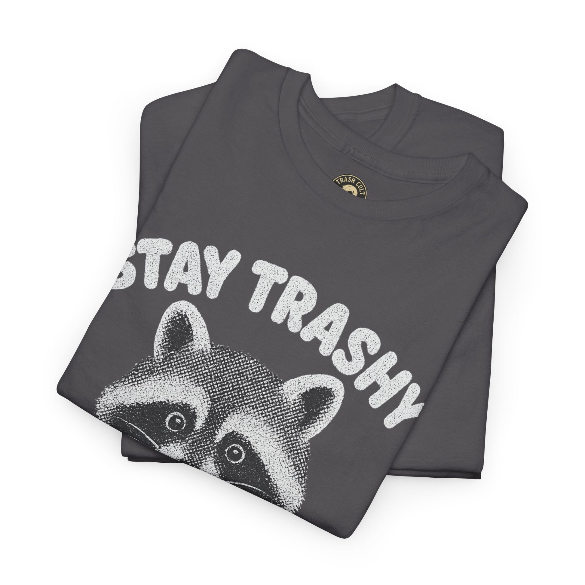 Stay Trashy Raccoon Iced Coffee Shirt – Halftone All White Design | Trash Cult Supply Co.