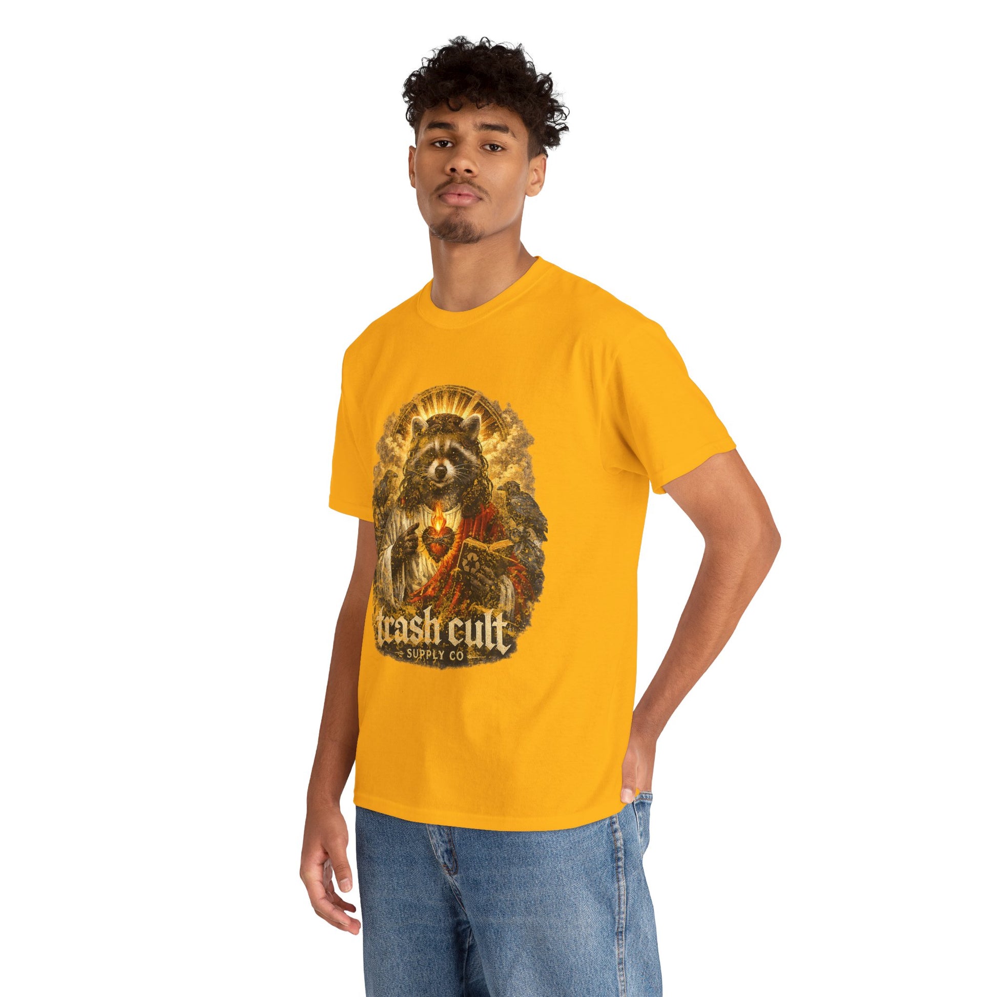 Raccoon Saint Graphic Tee — “Trash Cult” Vintage Devotional Design