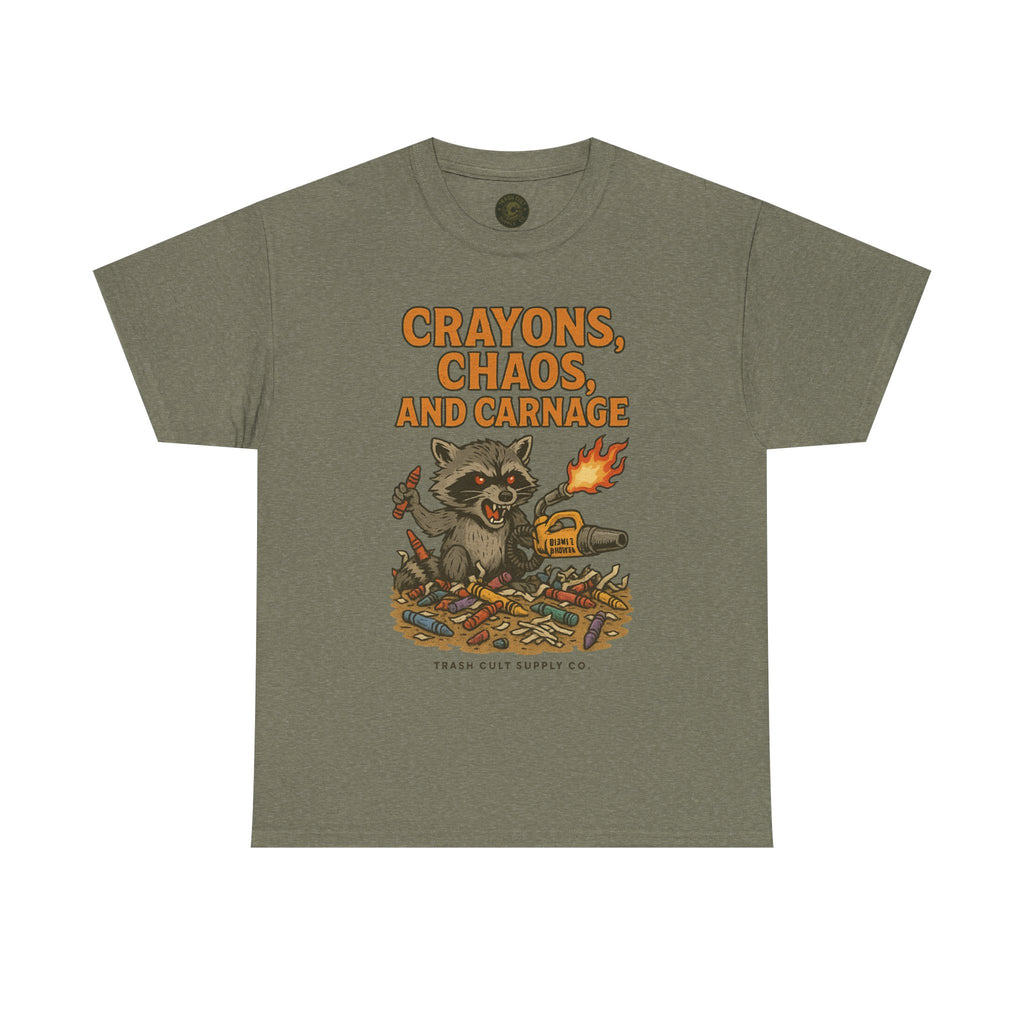 Crayons, Chaos, and Carnage T-Shirt – Dark Humor Raccoon Graphic | Trash Cult Supply Co. | Gildan 5000 Tee