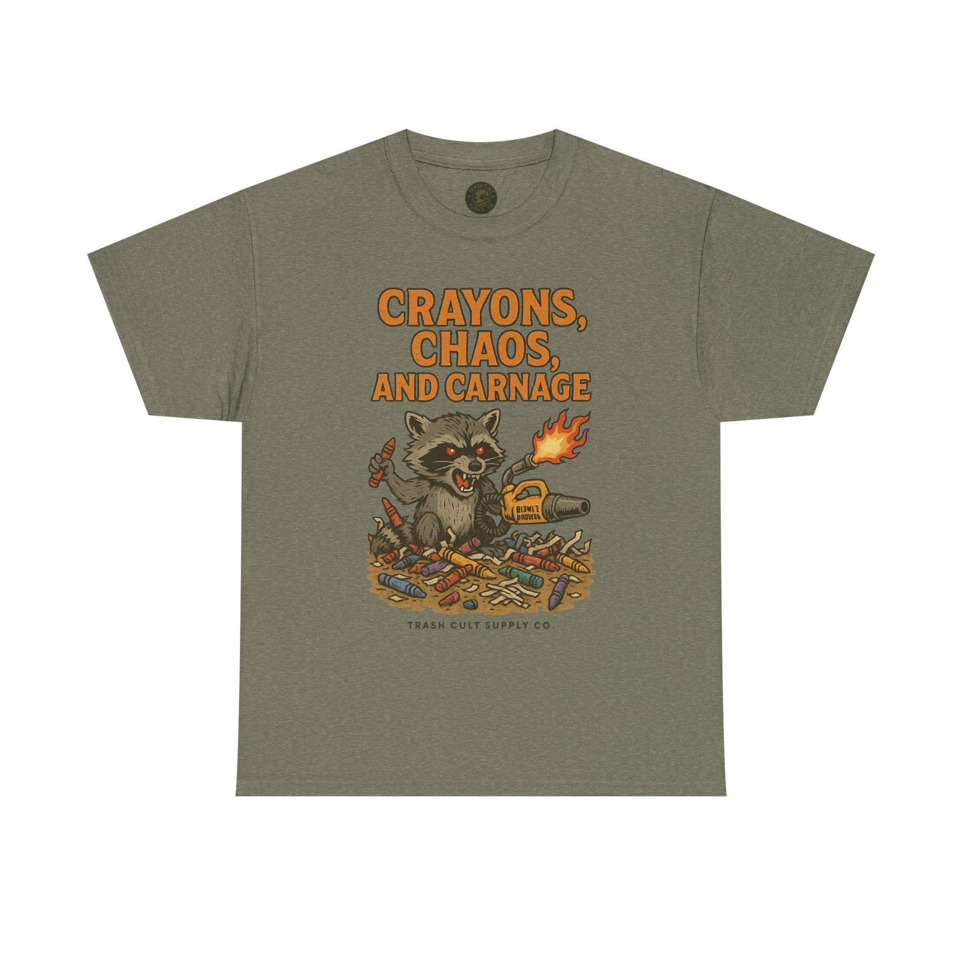 Crayons, Chaos, and Carnage T-Shirt – Dark Humor Raccoon Graphic | Trash Cult Supply Co. | Gildan 5000 Tee