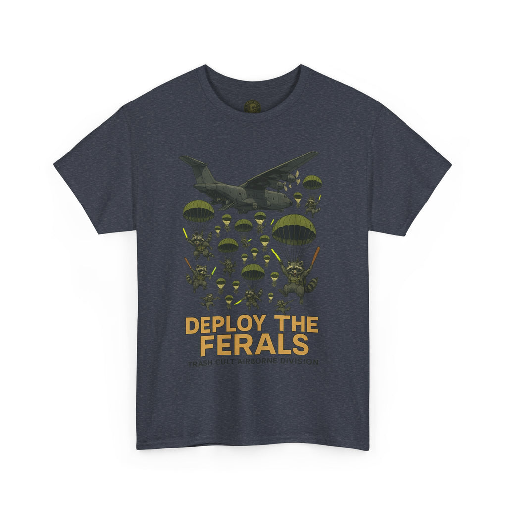 Deploy the Ferals T-Shirt – Airborne Raccoon Drop Graphic | Trash Cult Supply Co. | Gildan 5000 Heavy Cotton Tee