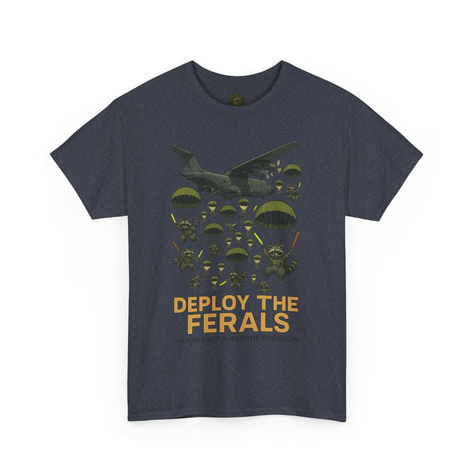 Deploy the Ferals T-Shirt – Airborne Raccoon Drop Graphic | Trash Cult Supply Co. | Gildan 5000 Heavy Cotton Tee