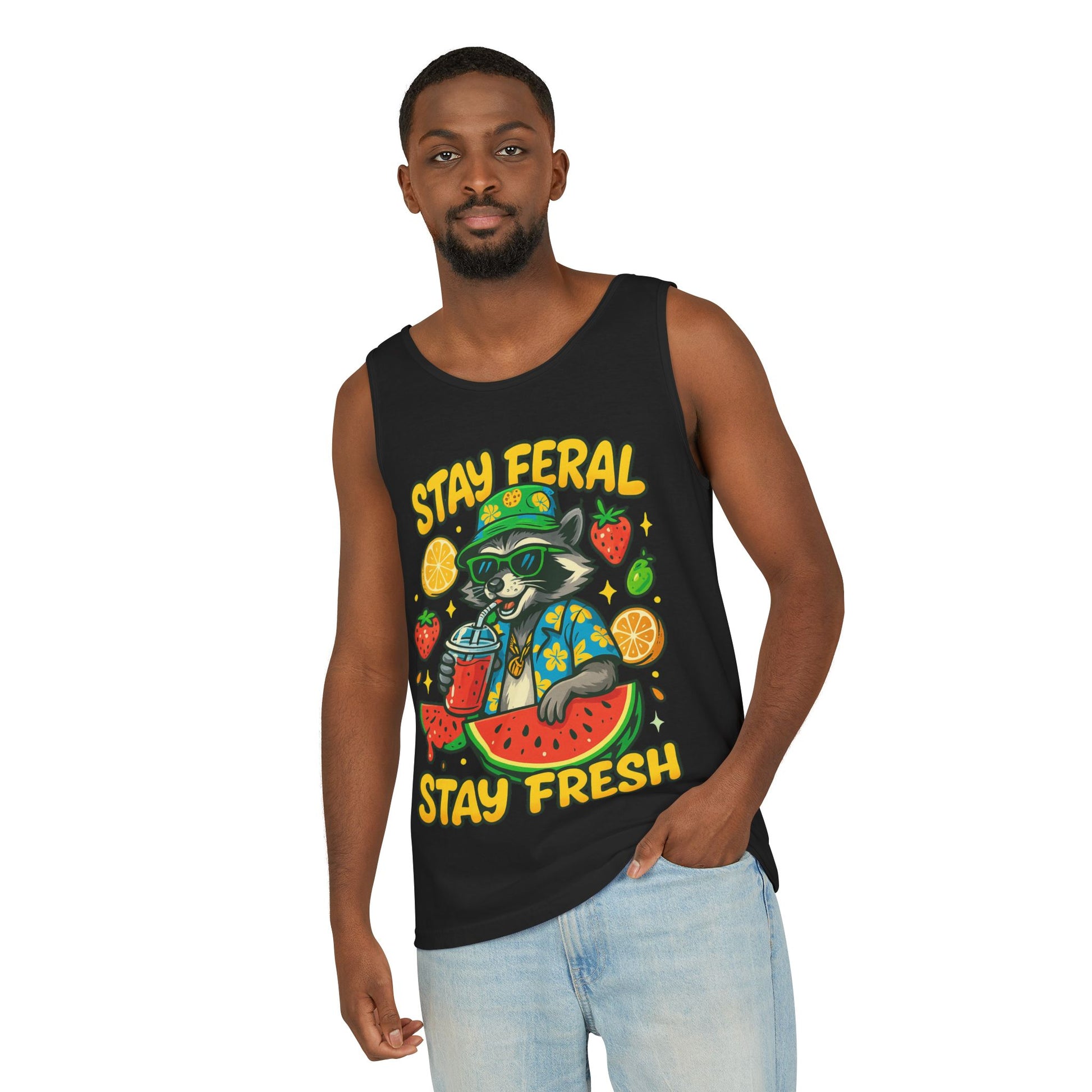 Stay Feral Stay Fresh Tank Top, Summer Apparel, Unisex Graphic Tee, Beachwear, Fun Gift for Animal Lovers