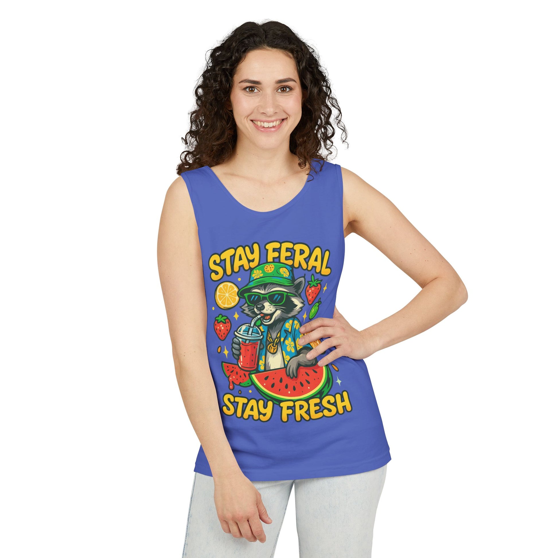 Stay Feral Stay Fresh Tank Top, Summer Apparel, Unisex Graphic Tee, Beachwear, Fun Gift for Animal Lovers