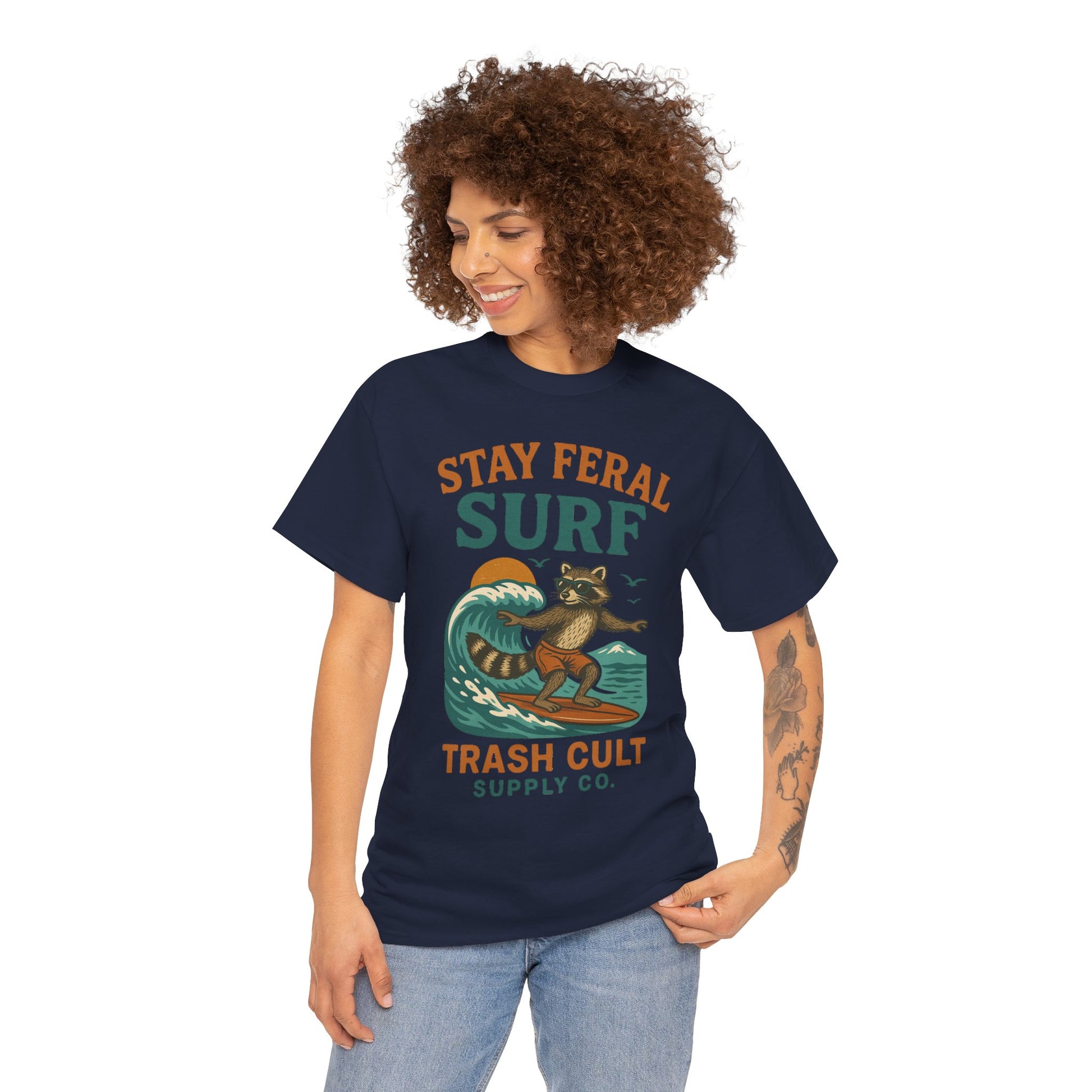 Stay Feral Surf Shirt – Retro Raccoon Beach Tee – Trash Cult Supply Co – Gildan 5000