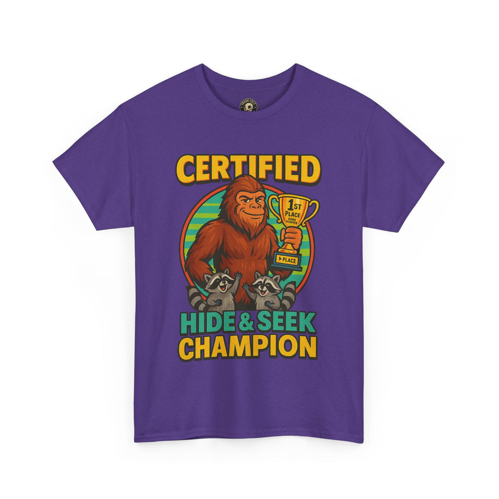 Certified Hide & Seek Champion Bigfoot T-Shirt – Funny Cryptid Shirt – Raccoon Forest Meme Tee – Gildan 5000