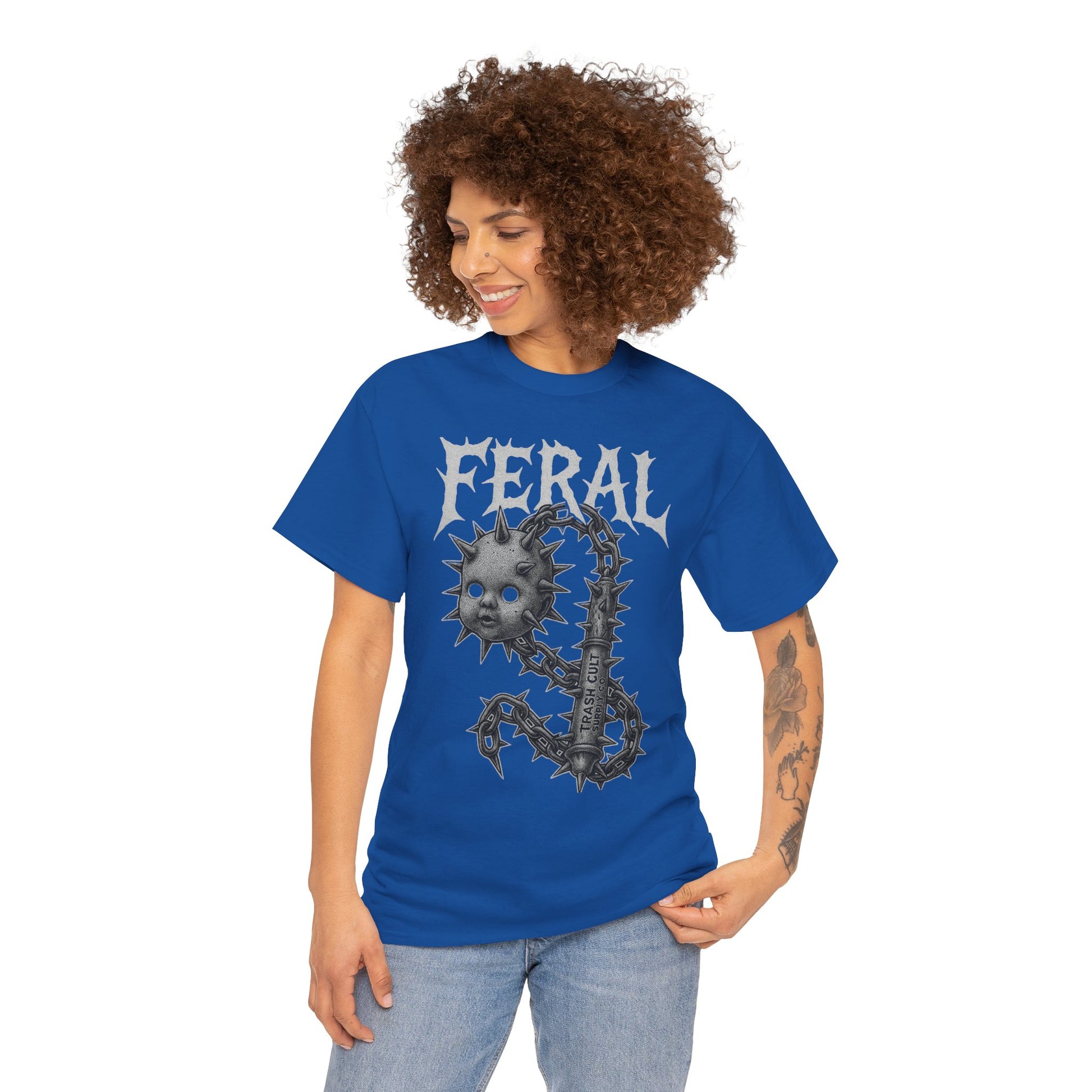 FERAL Spiked Doll Flail Tee – Halftone Gothic Weapon Shirt | Trash Cult Supply Co. | Gildan 5000