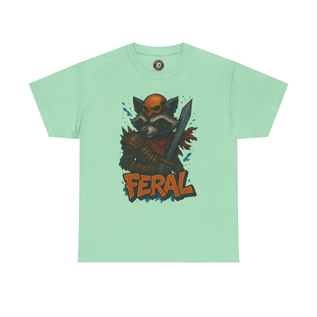 FERAL Raccoon Warlord Shirt – Graffiti Street Art Animal Tee | Bold Post-Apocalyptic Design on Gildan 5000