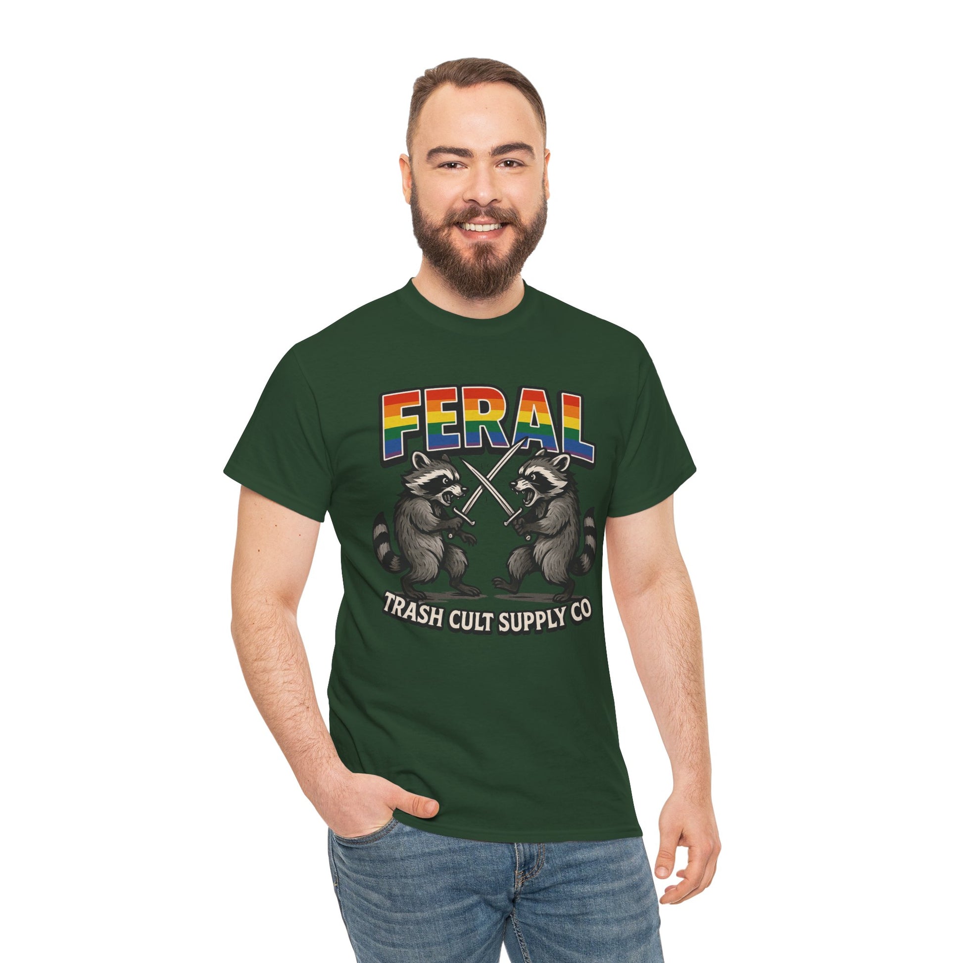 FERAL Rainbow Raccoon Sword Fighting Graphic Tee – Gildan 5000 Heavy Cotton