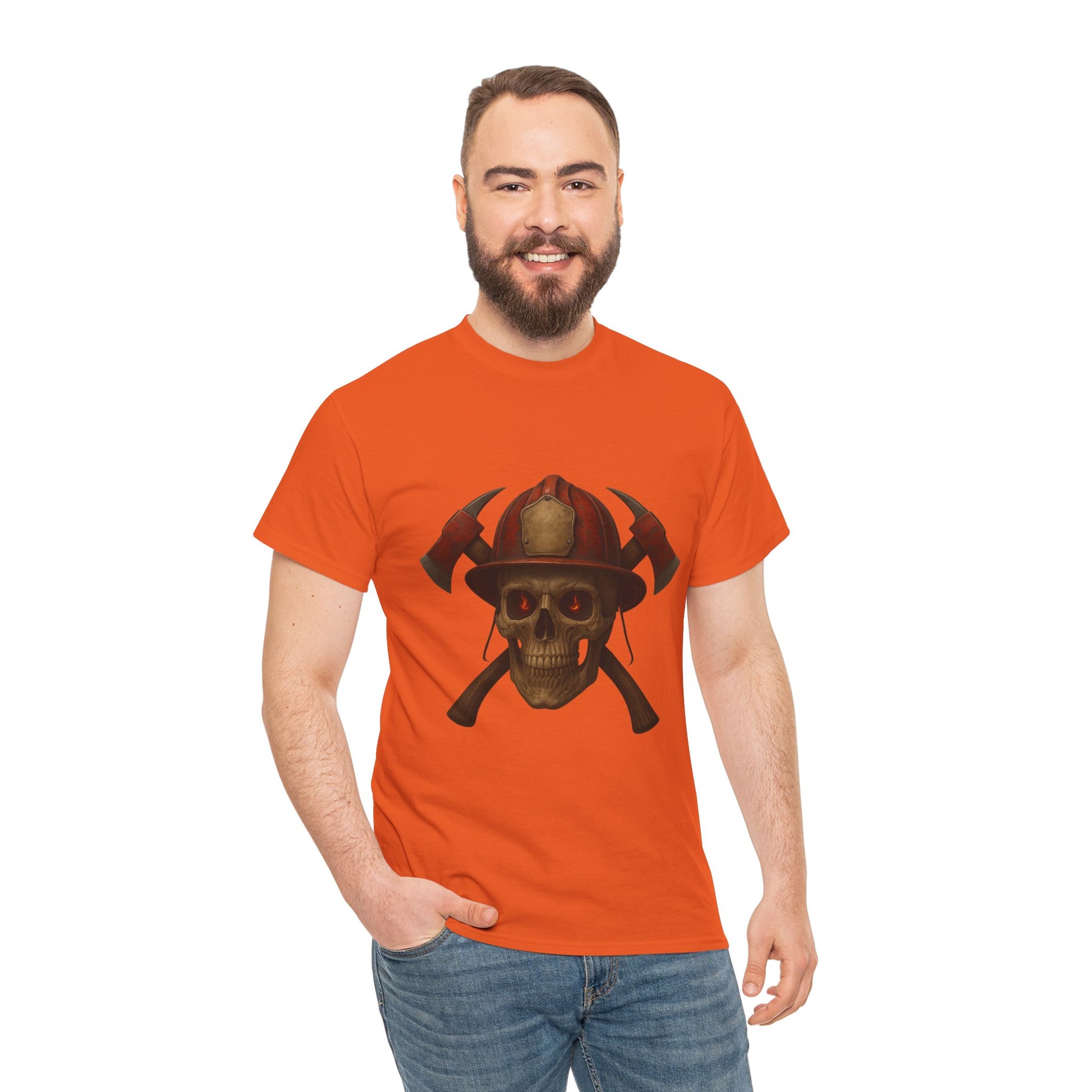 Skull Firefighter Tee, Unisex Heavy Cotton Shirt, Firefighter Gift, Halloween Costume T-Shirt, Unique Graphic Tee, Casual Wear