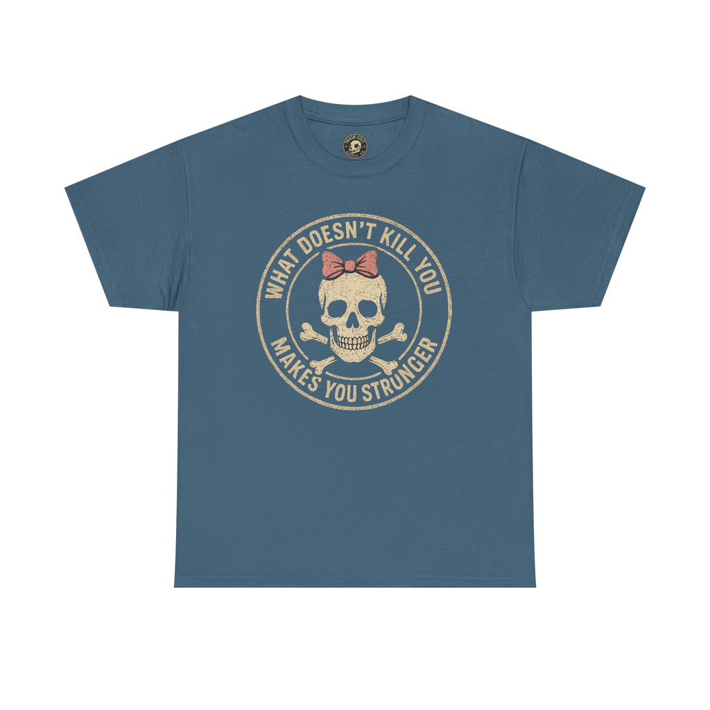 “What Doesn’t Kill You Makes You Stronger” Skull & Bow T-Shirt – Vintage Grunge Graphic | Gildan 5000