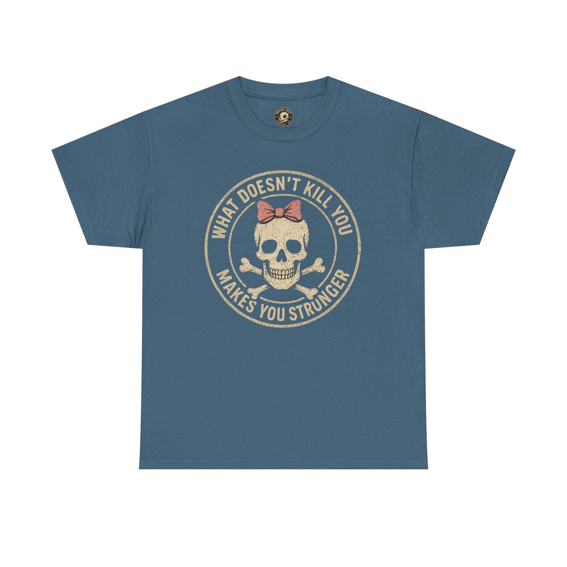 “What Doesn’t Kill You Makes You Stronger” Skull & Bow T-Shirt – Vintage Grunge Graphic | Gildan 5000
